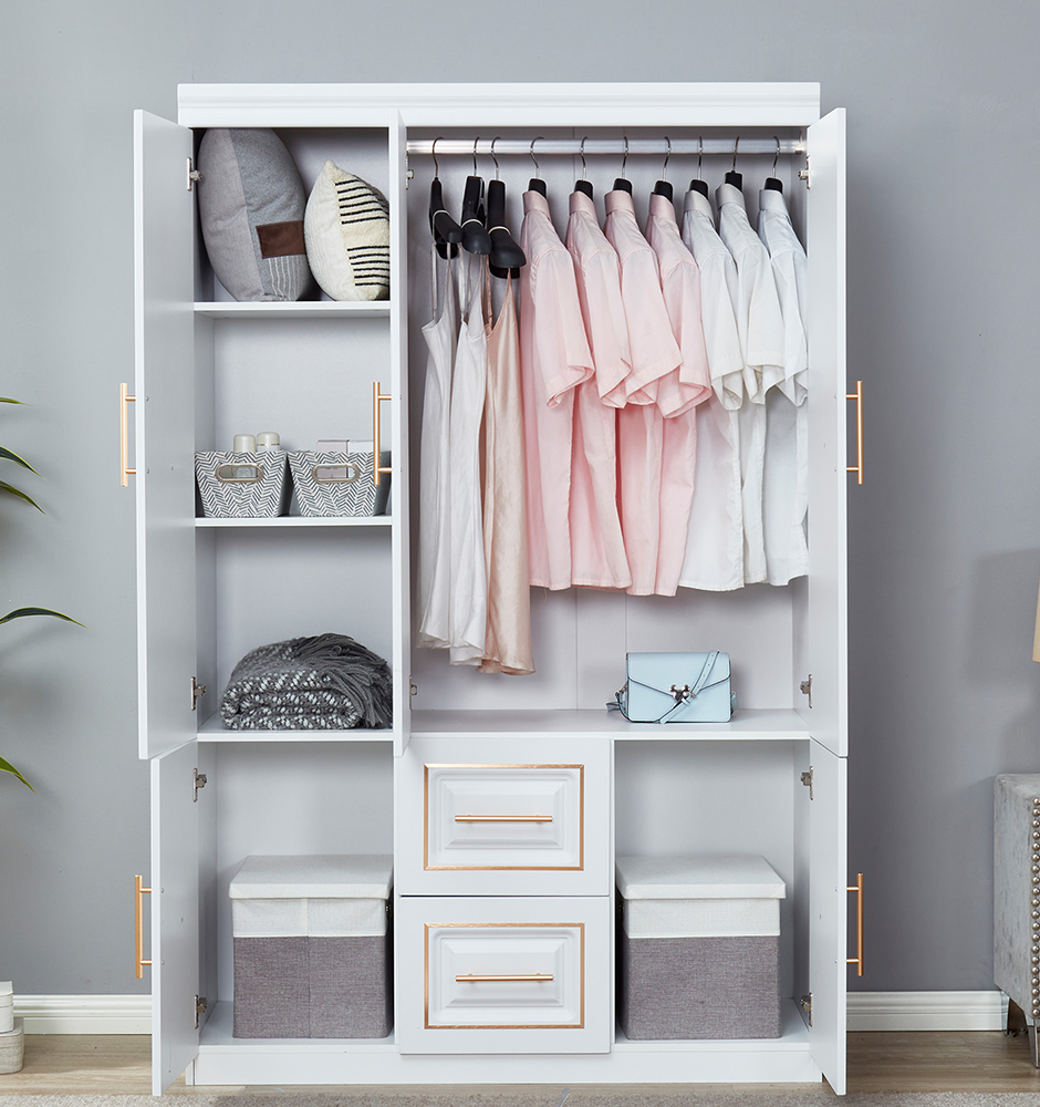 LivelyLodge Tall 74 3 Doors Wardrobe Closet White 2 Drawers Wood Wardrobe Closet Bedroom Armoire Clothes Storage Cabinet with Hanging Rod Shelves, Bathroom Freestanding Clothes Closet Organizer