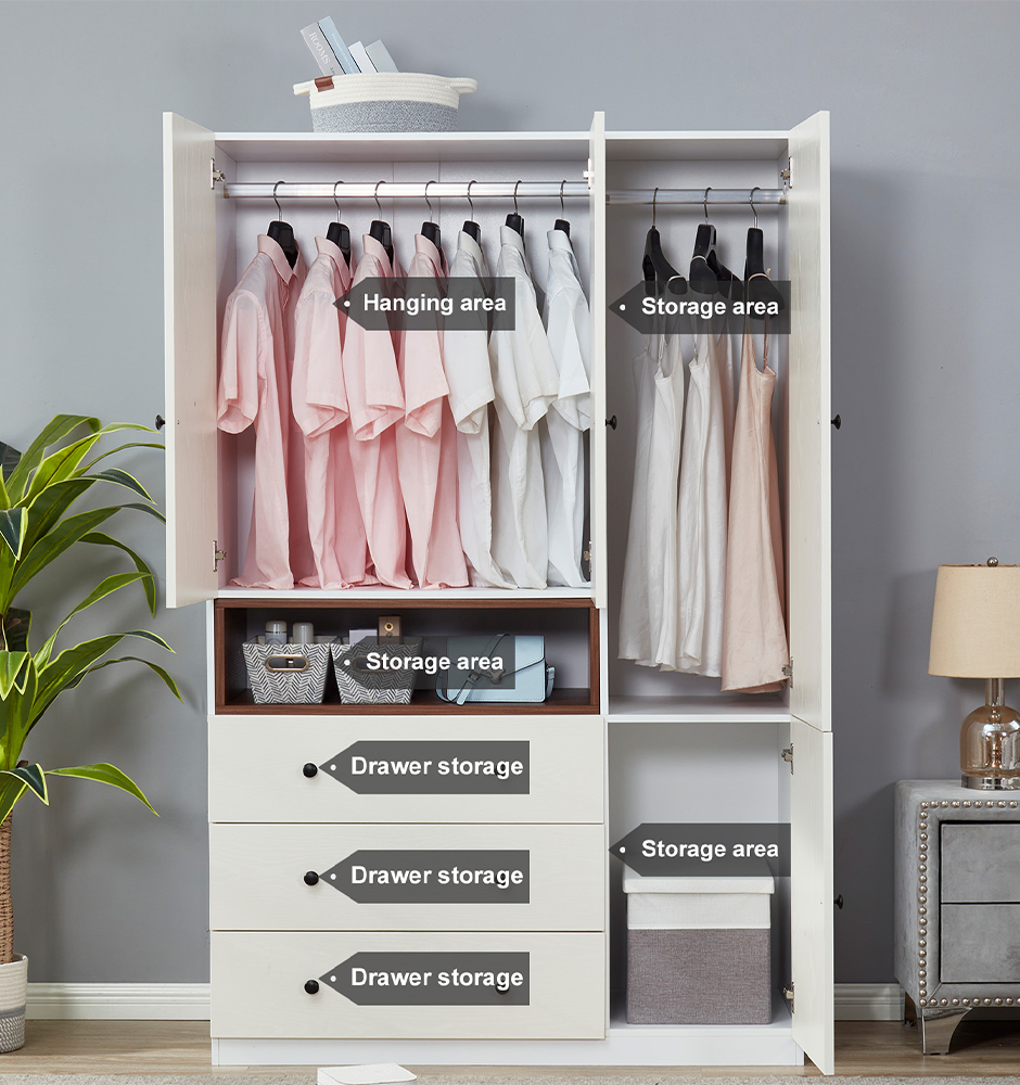 LivelyLodge 74 H 3 Doors White Wood Wardrobe Closet Armoire Freestanding Clothes Storage Closet Wardrobe Cabinet Clothes Large Storage Clothes Organizer with Hanging Rod for Bedroom Bathroom