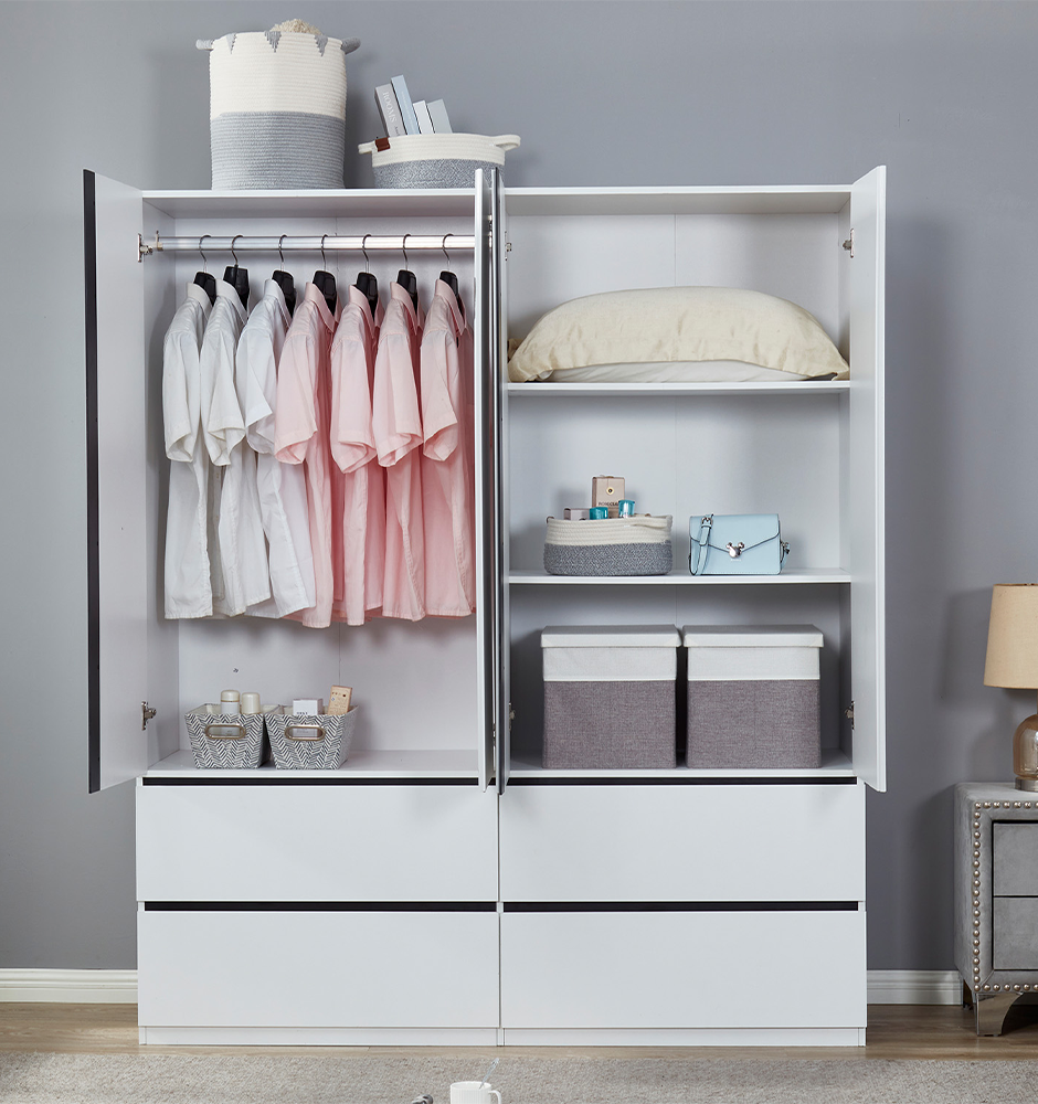 LivelyLodge 74.2 H 4 Doors White Wood Wardrobe Closet Armoire with Black line Bedroom Freestanding Clothes Storage Closet Bathroom Storage Organizer Wardrobe Closet Cabinet with Hanging Rod