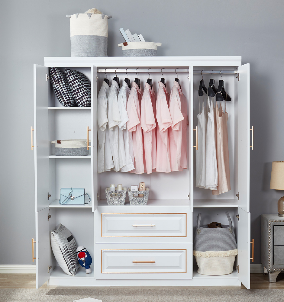 LivelyLodge 74 H 4 Doors Wardrobe Closet 2 Drawers White Wooden Closet Wardrobe Freestanding Bedroom Armoire Clothes Storage Cabinet Bathroom Storage Shelf with Hanging Rod Clothes Organizer