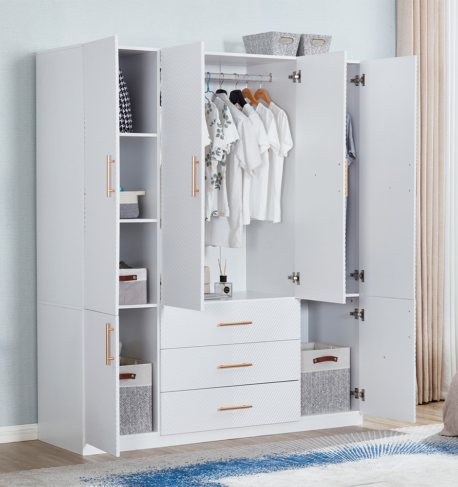 LivelyLodge 74.2 Tall 4 Doors 3 Drawers White Closet Wardrobe Closet Armoire Large Bedroom Freestanding Storage Closet Cabinet Bathroom Clothes Storage White Wooden Organizer with Hanging Rod Shelves