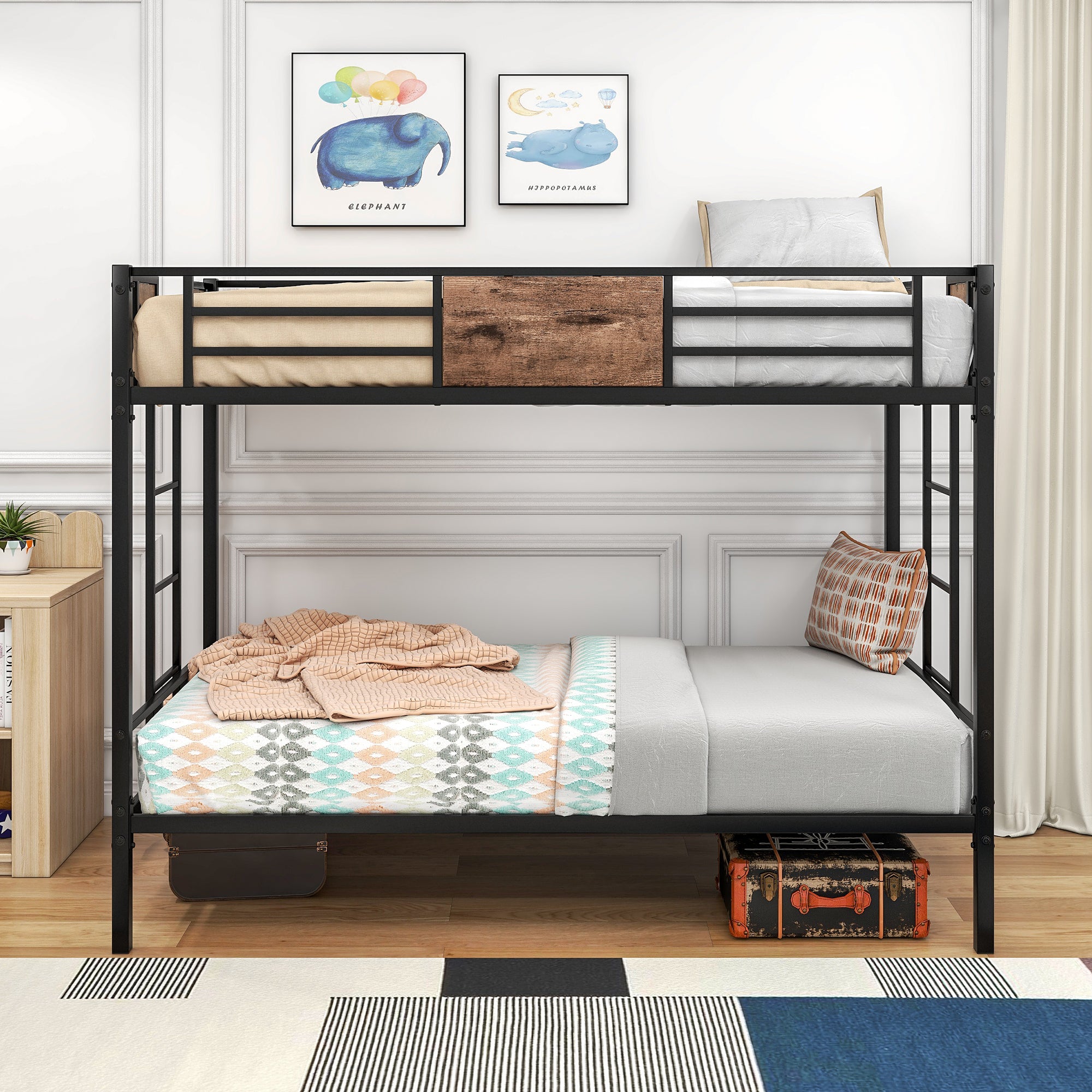 Twin Sized Bunk Bed Bedframe with Ladder and Full-Length Guard Rail