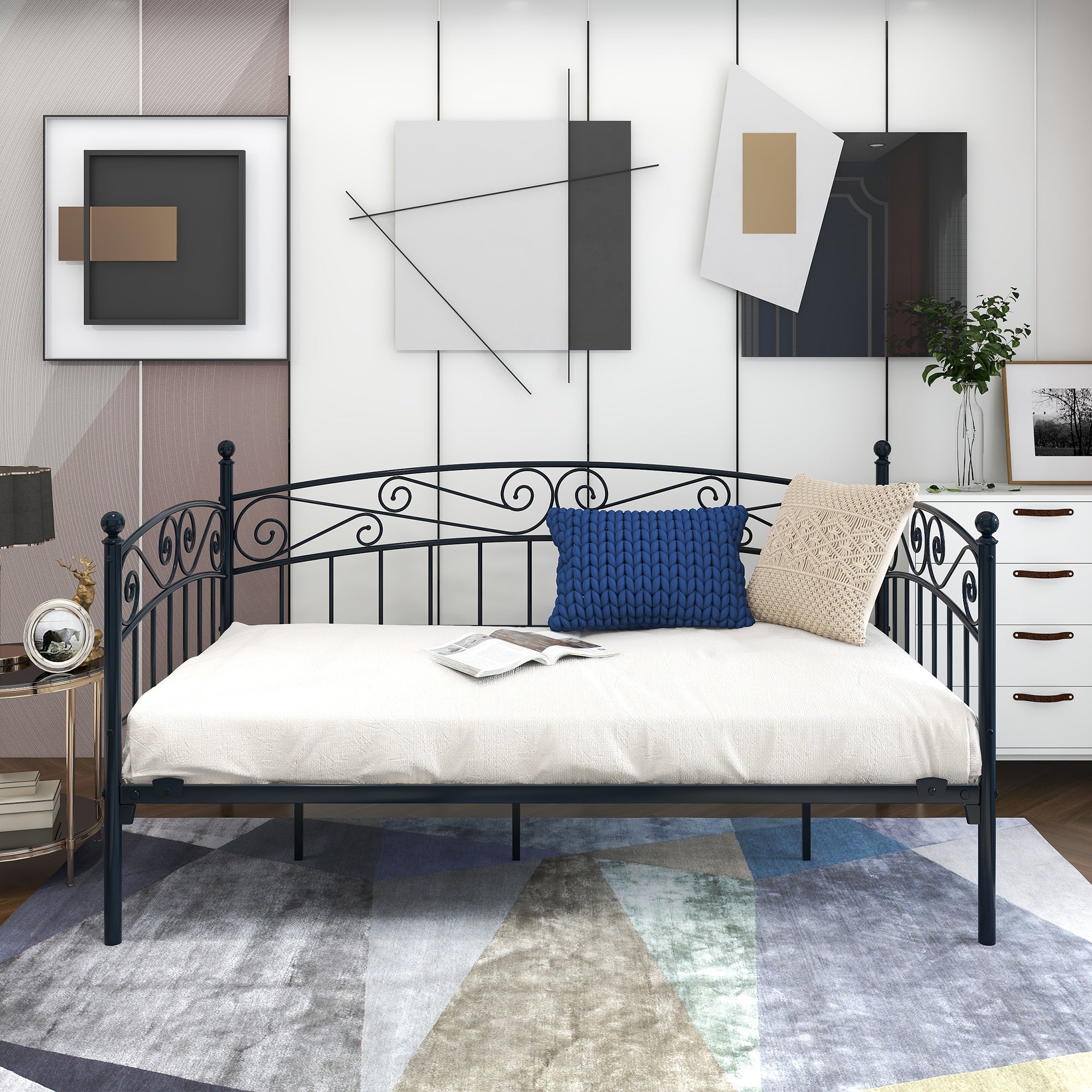Twin Sized Multifunctional Metal Daybed Bedframe and Sofa with Headboard