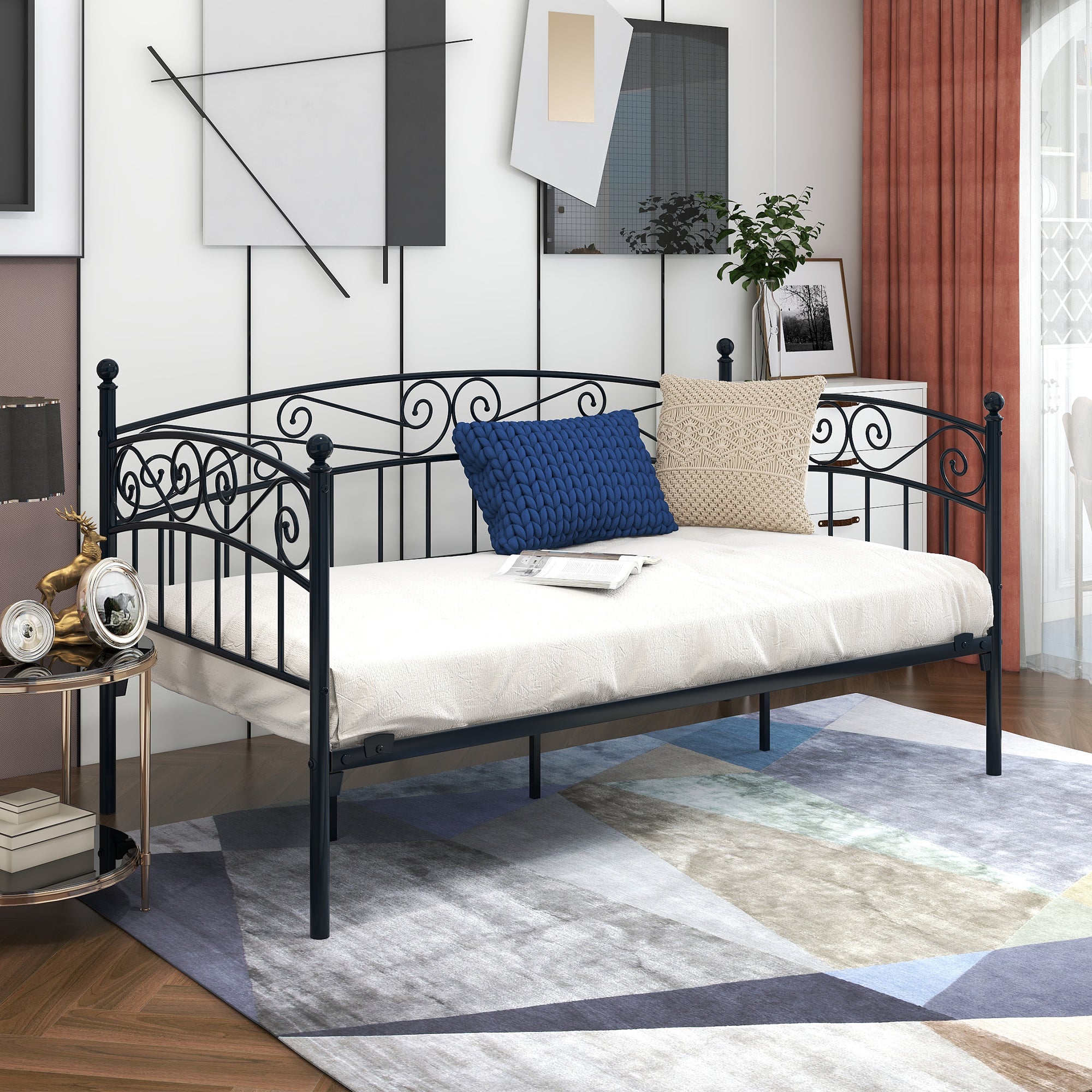 Twin Sized Multifunctional Metal Daybed Bedframe and Sofa with Headboard