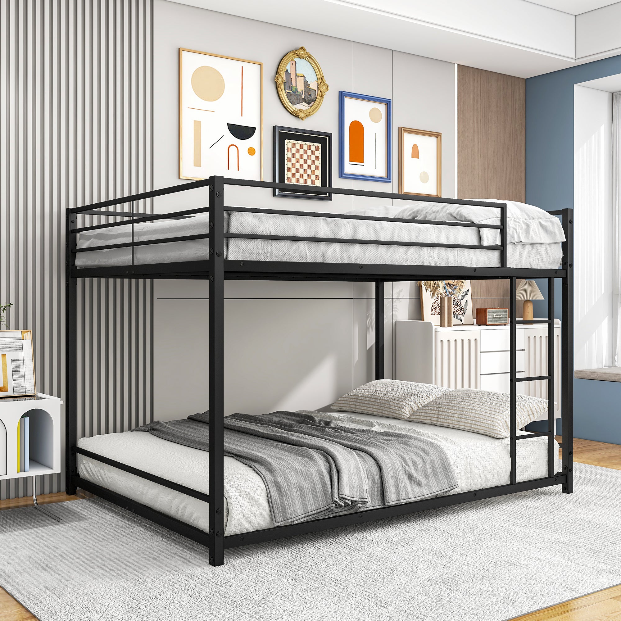 Easy Assembly Full Sized Full Metal Bunk Bedframe with Ladder and Rail