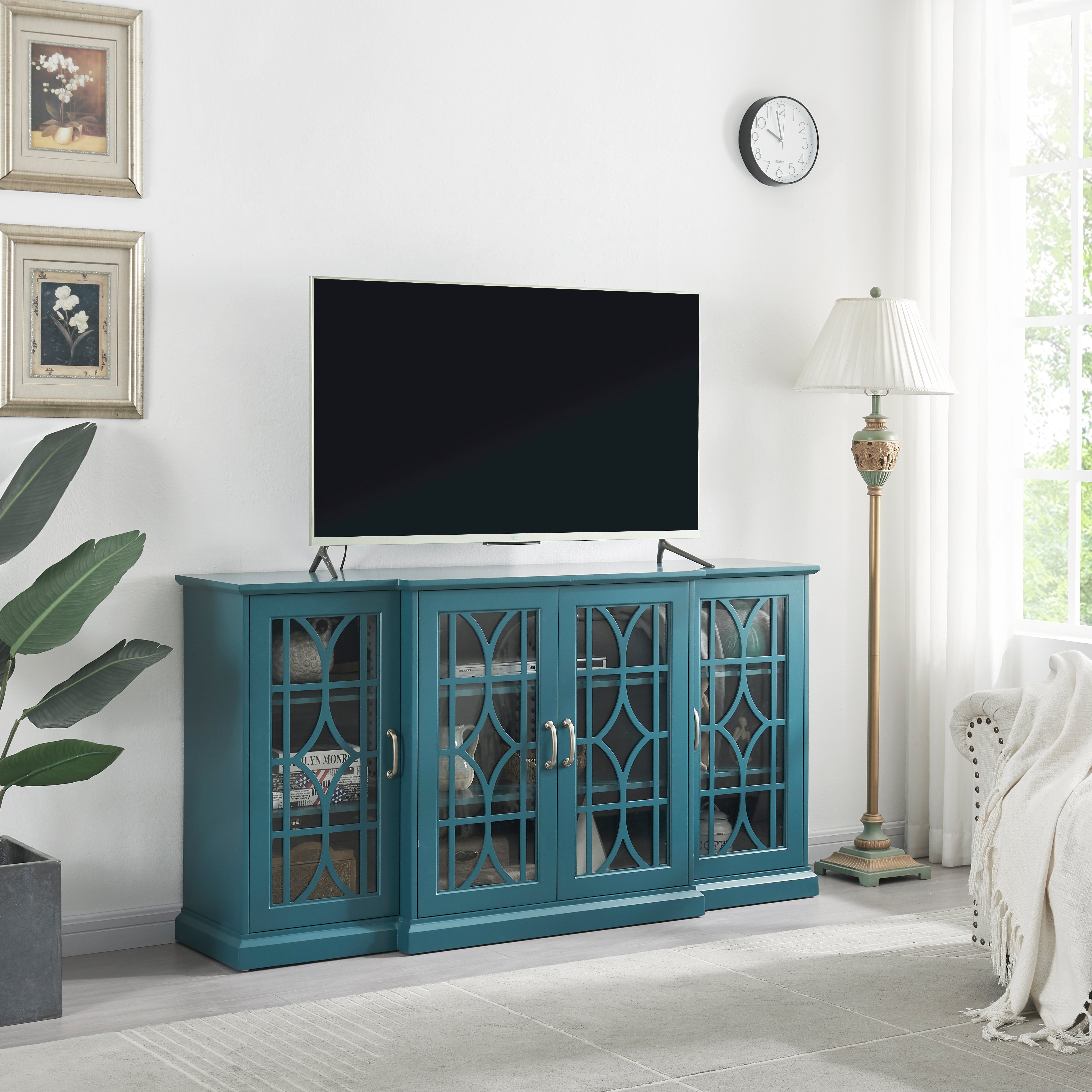 63" TV Stand Storage Buffet Cabinet Sideboard in Teal Blue