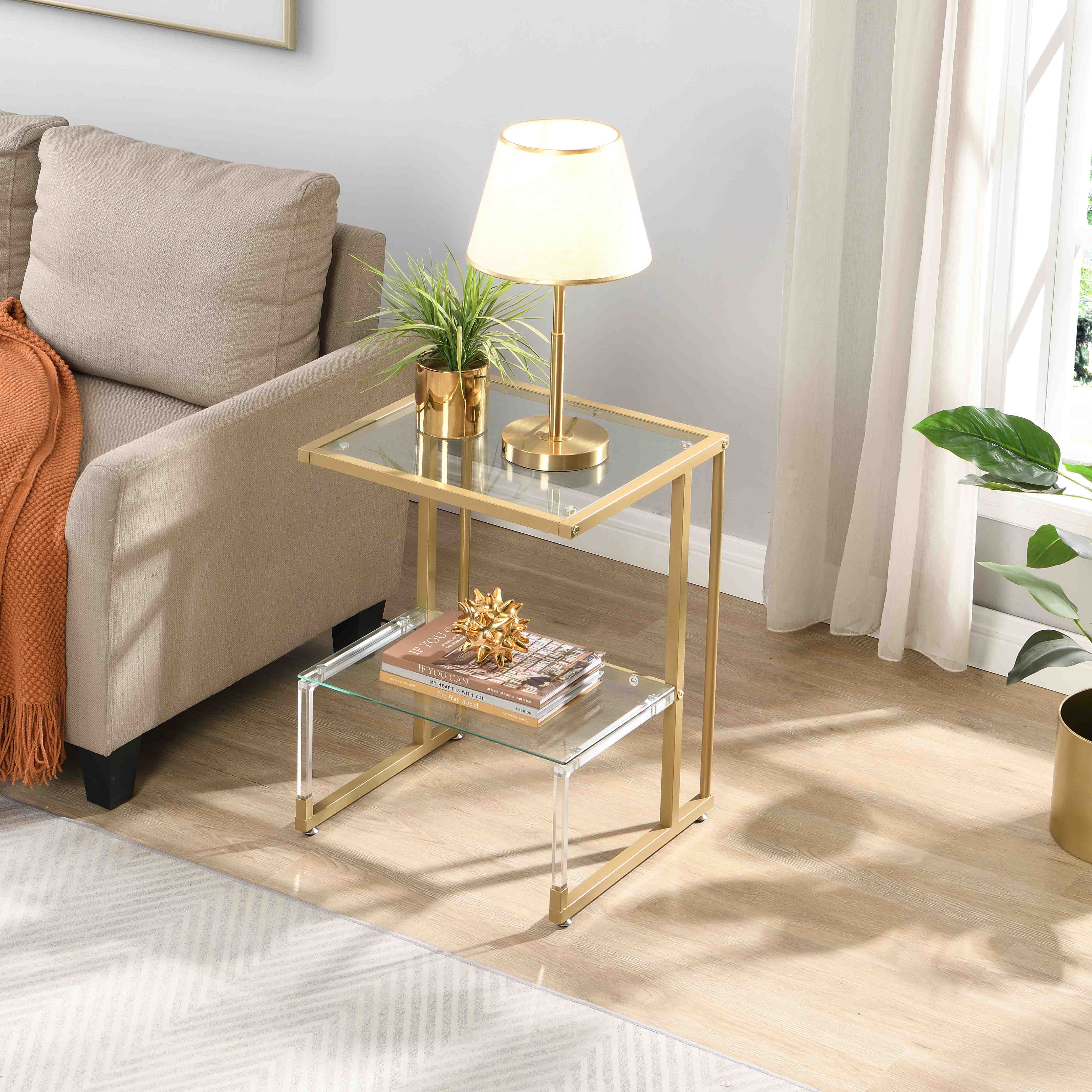 2-Tier Acrylic Glass End Table with Golden Side for Living Room