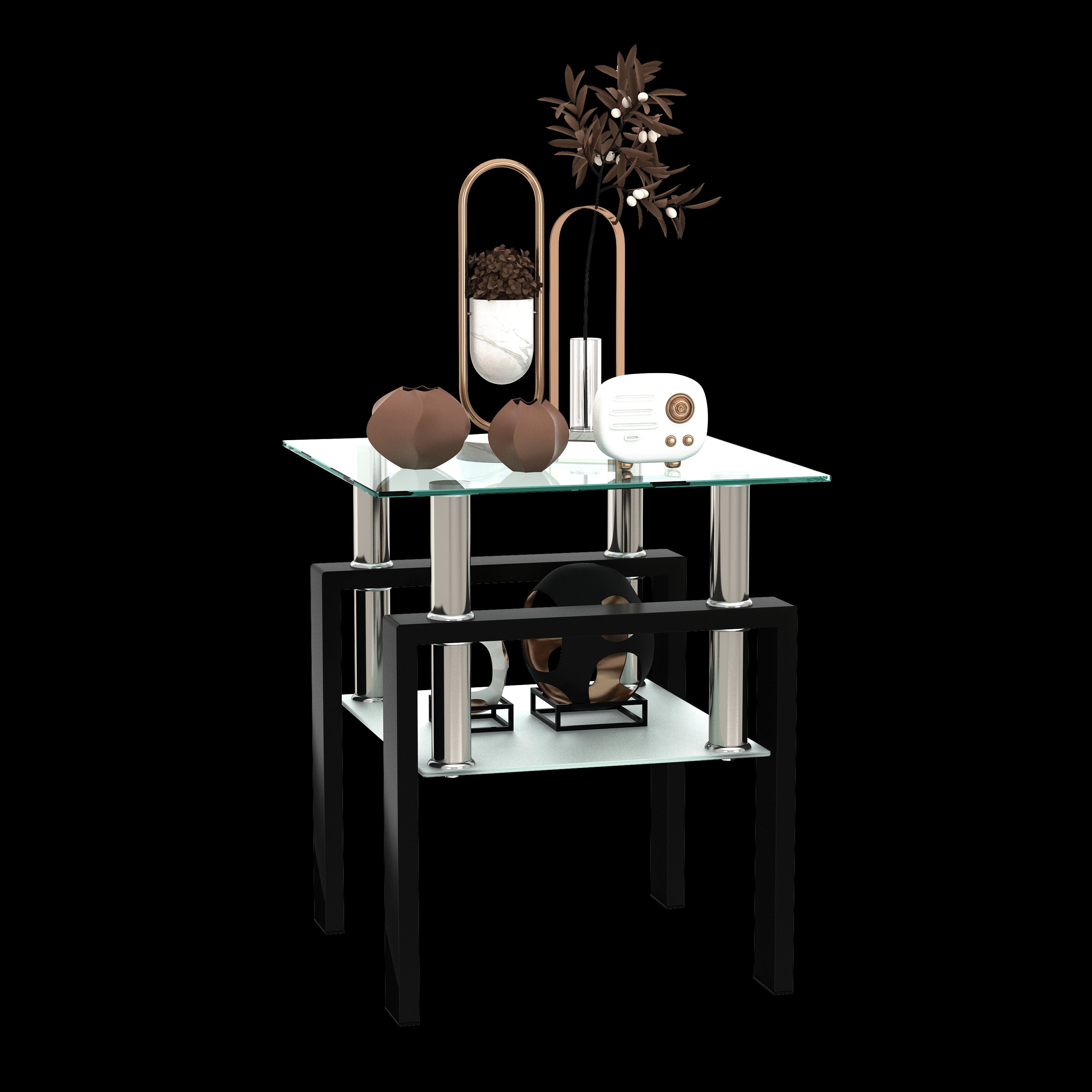 Tempered Glass Bedside Corner Coffee Table Contemporary End Table in Black