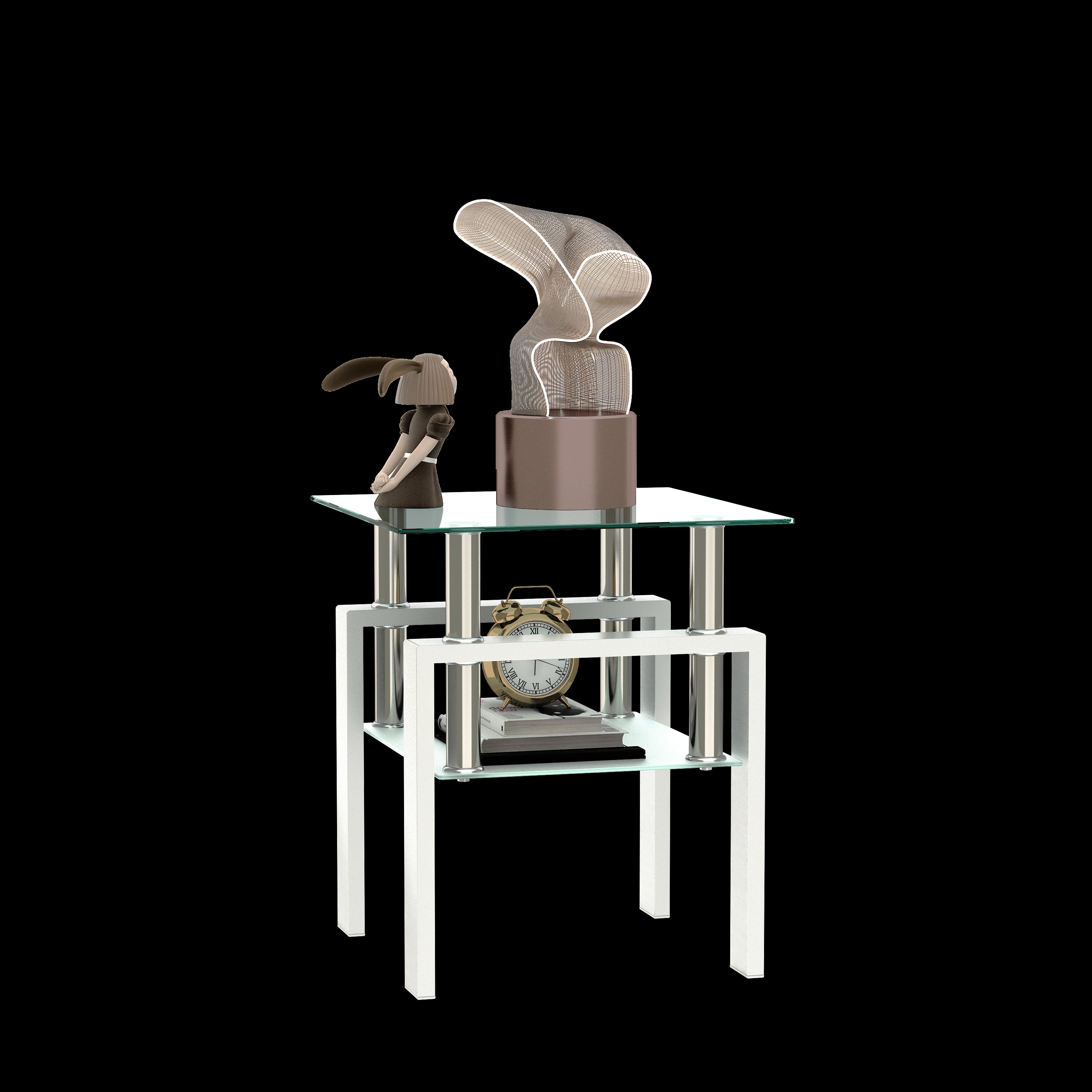 Tempered Glass Bedside Corner Coffee Table Contemporary End Table in White