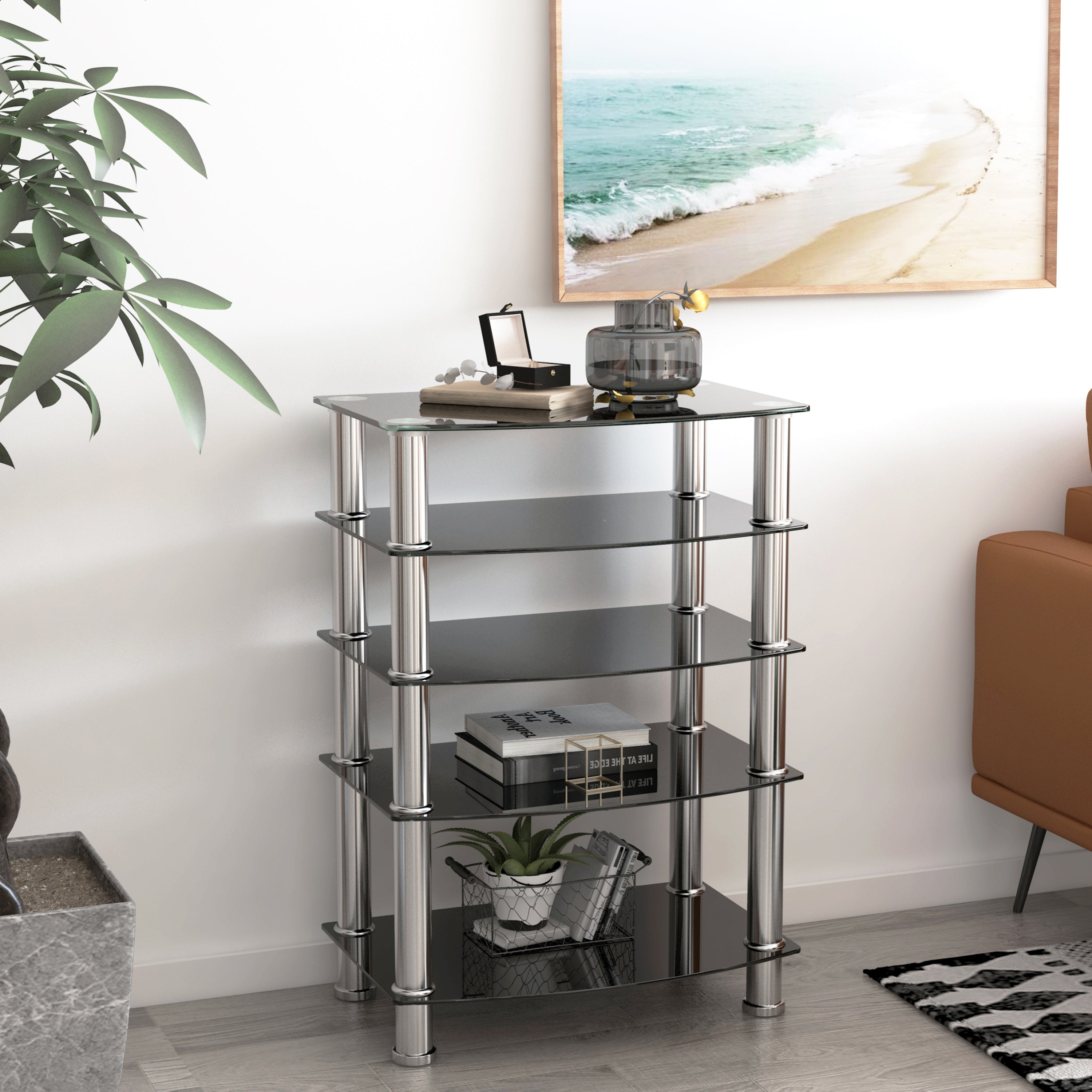 5-Tier Tempered Glass Living Room Side Table with Stainless Steel Frame- Black