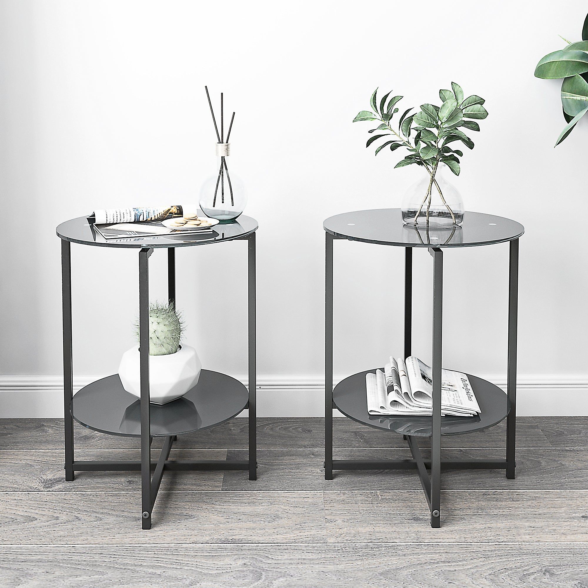 2 pcs Modern Designed Tempered Glass Round Coffee and End Table- Black
