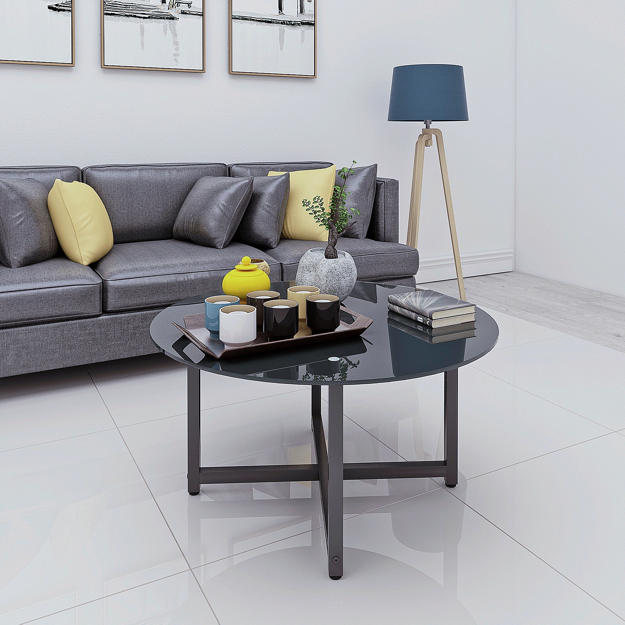 35.5'' Modern Design Round Clear Tempered Glass Coffee Table- Black