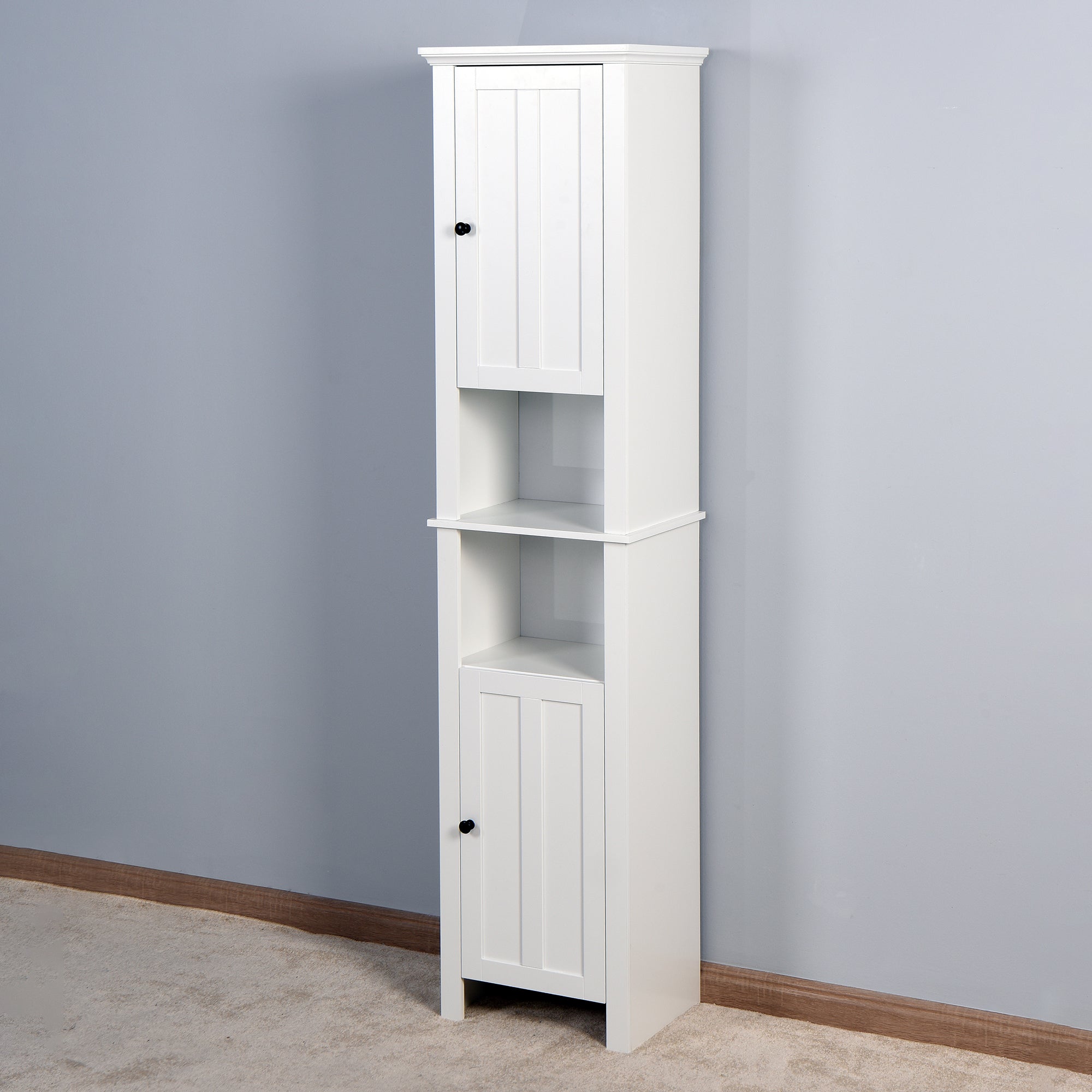 6 Shelves Slim Bathroom Floor Storage and Organizer with 2 Doors- White