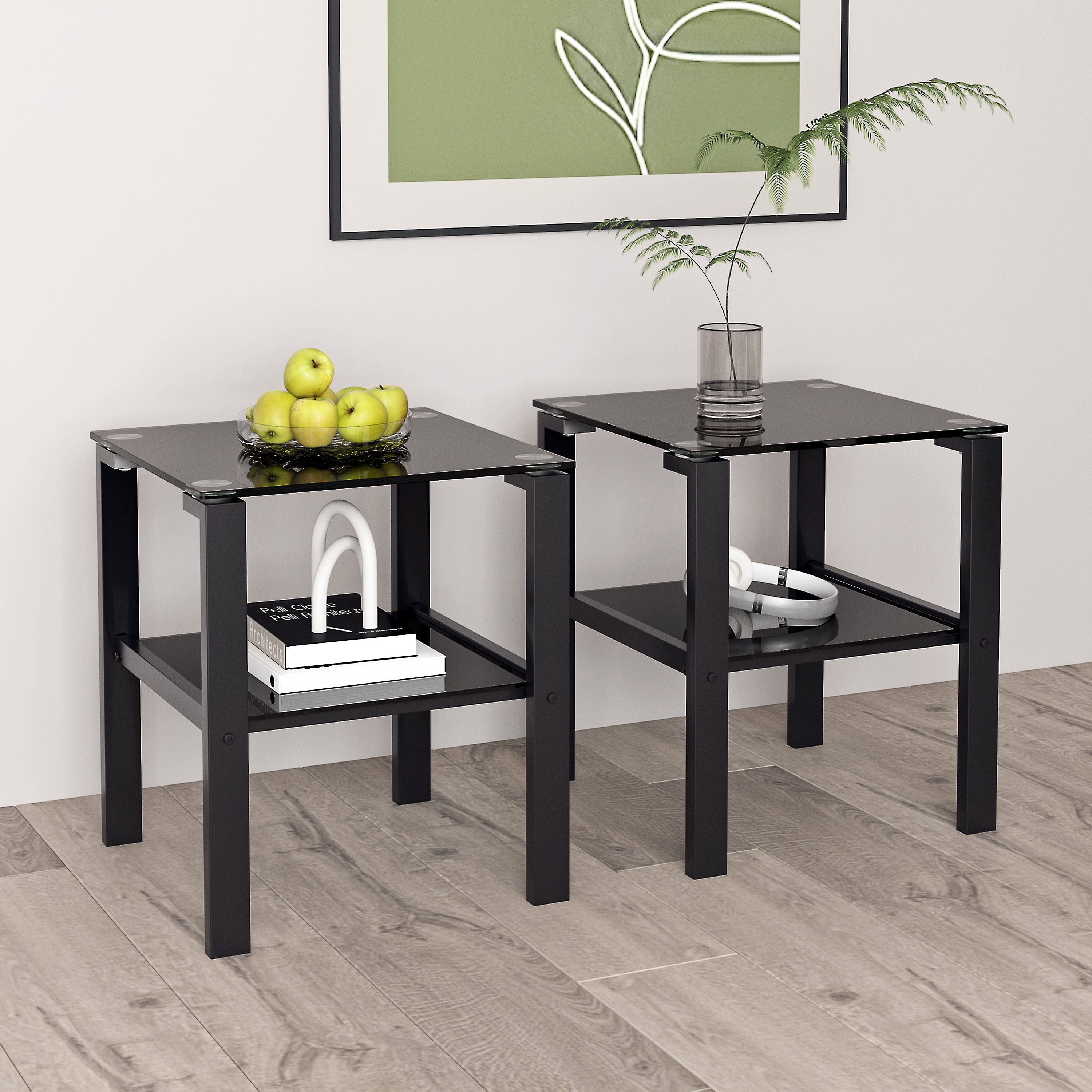 2pcs Two Layered Tempered Glass Small Bedroom Corner Home Tea Table- Black+Black