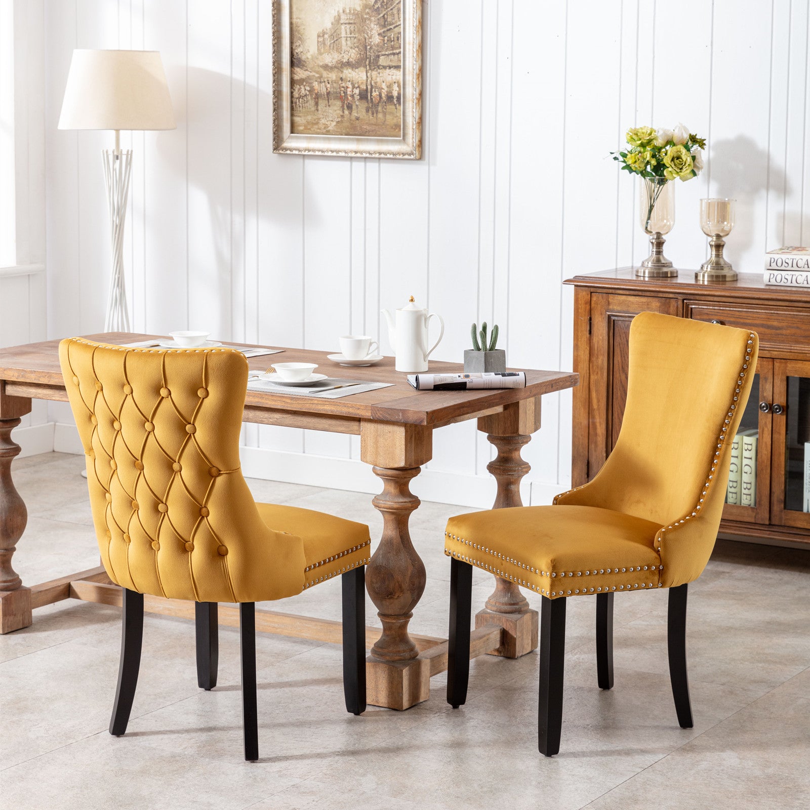 2 pcs High-End Wing Back Tufted Modern Contemporary Velvet Chair with Wooden Legs- Gold