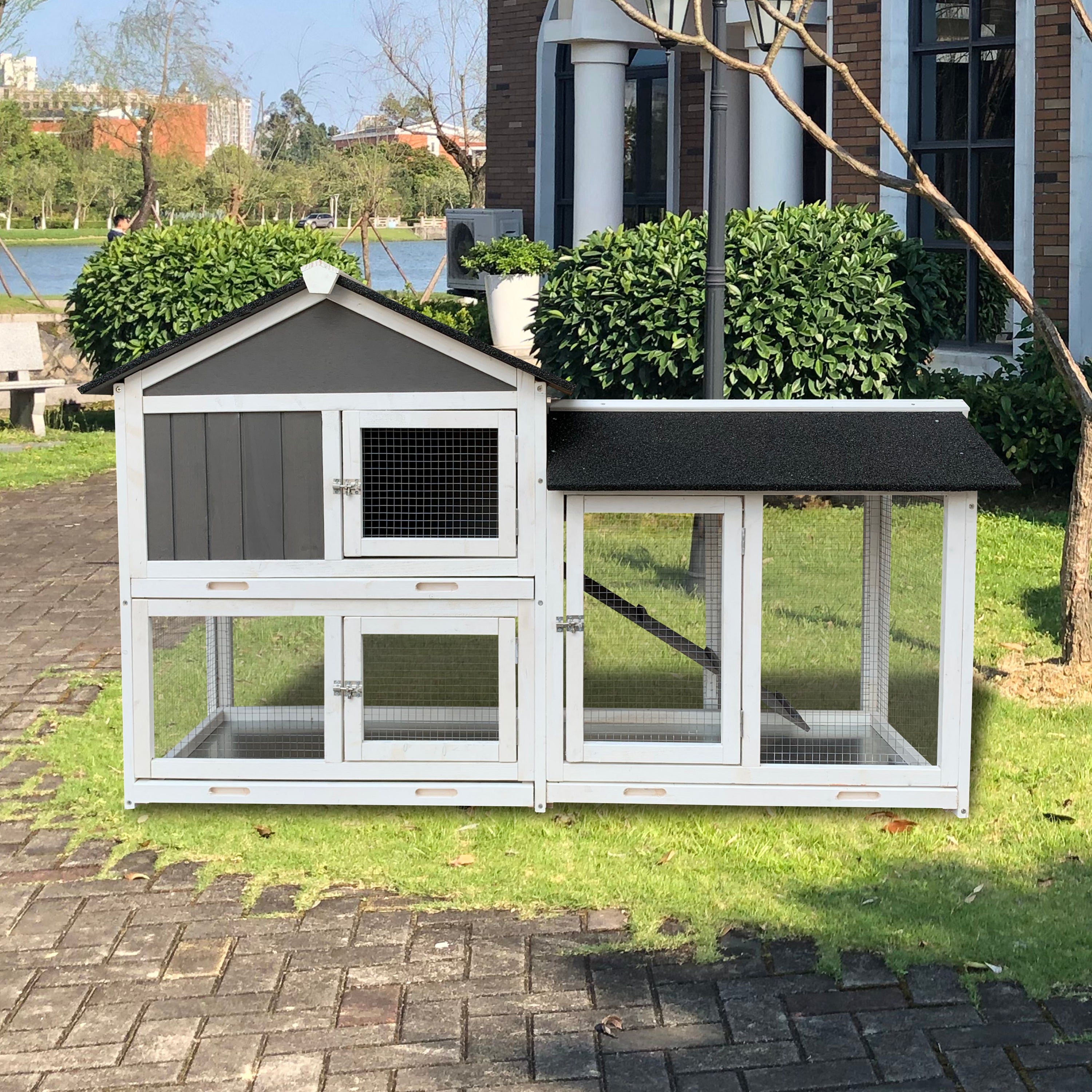 Wooden Outdoor Hutch with Running Cage and Removable Ramp Tray- Gray