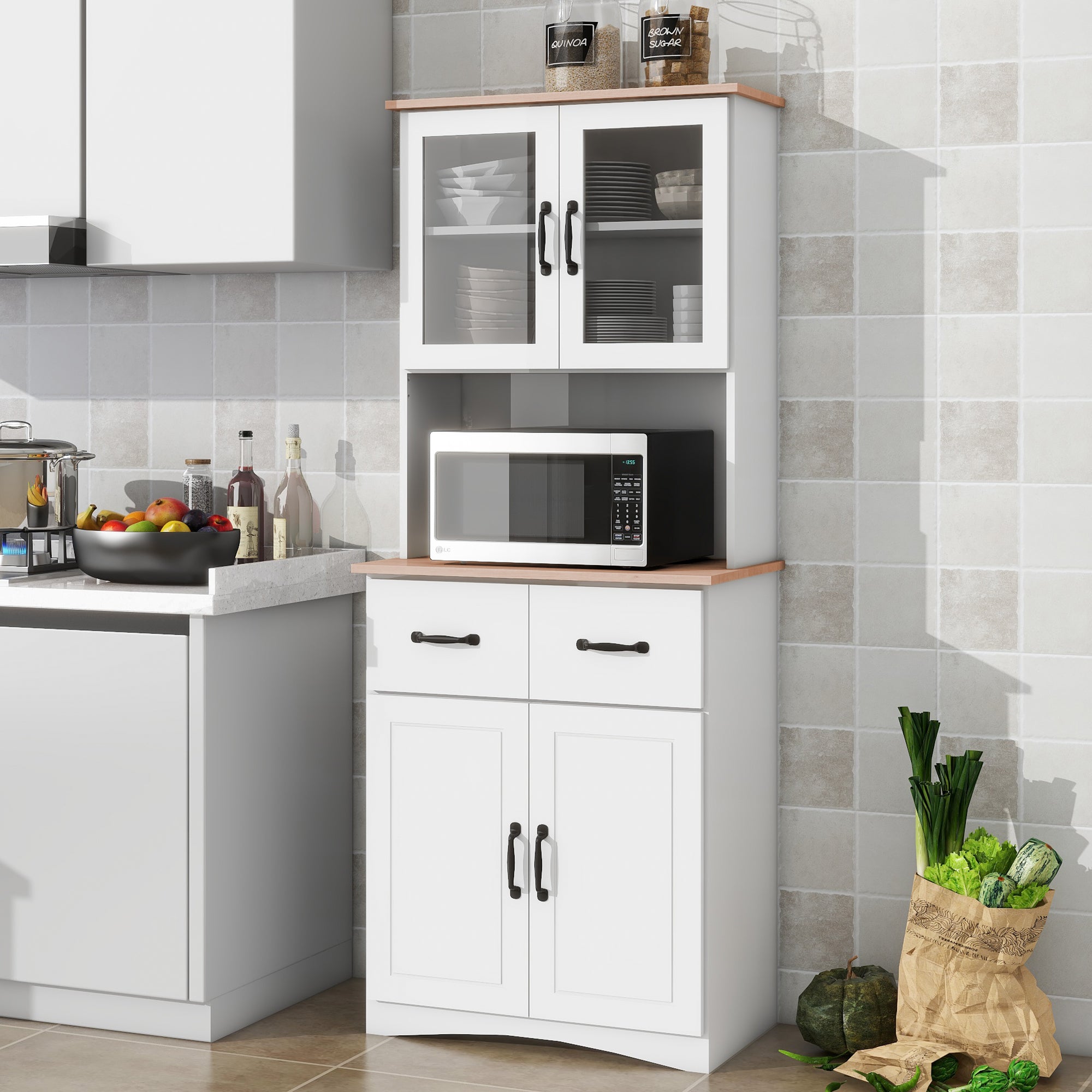 Wooden Pantry Room Microwave Storage with Framed Glass Doors and Drawer- White