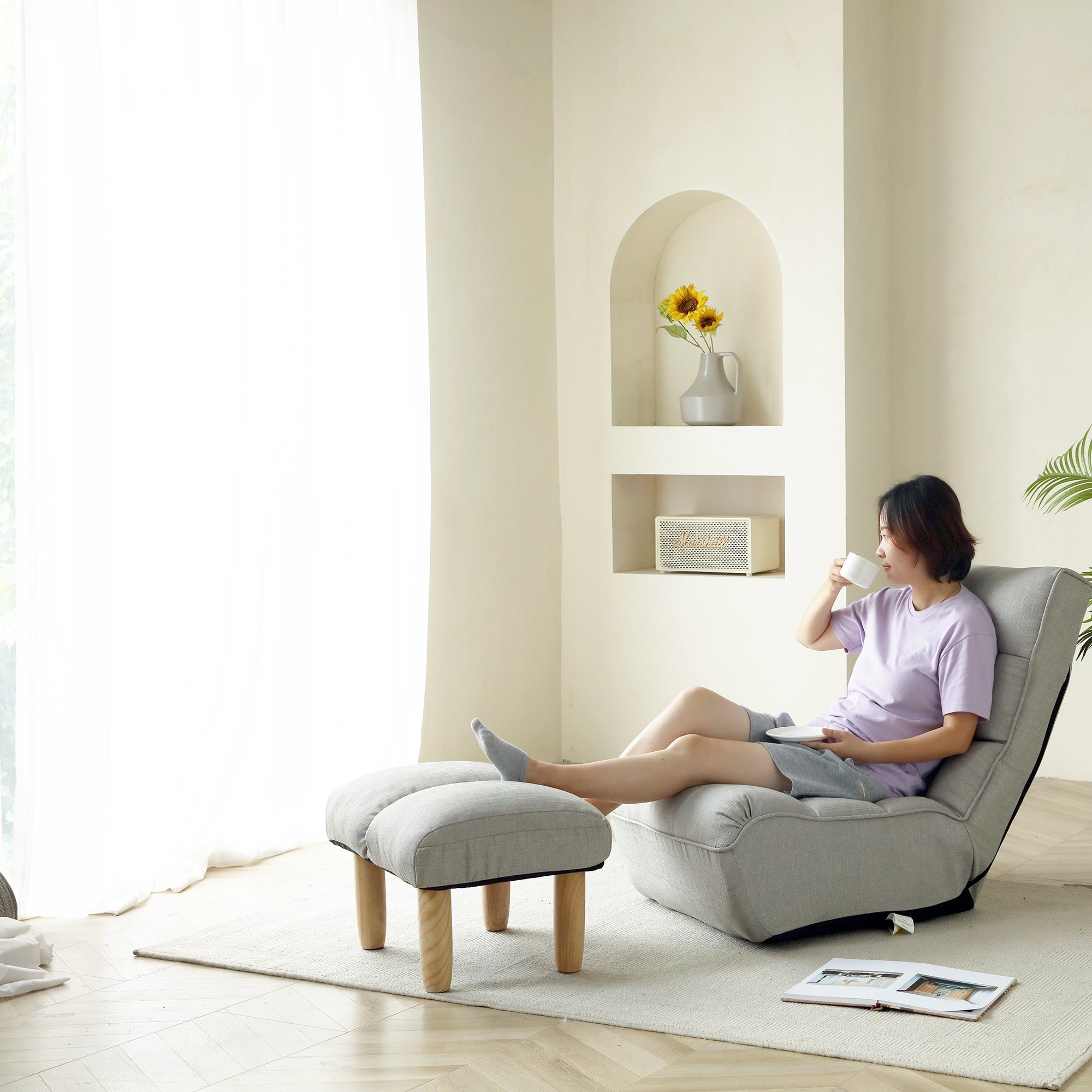 3 Angle Reclining Rotating Sofa Chair Japanese Style Lazy Balcony Chair- Cement Gray