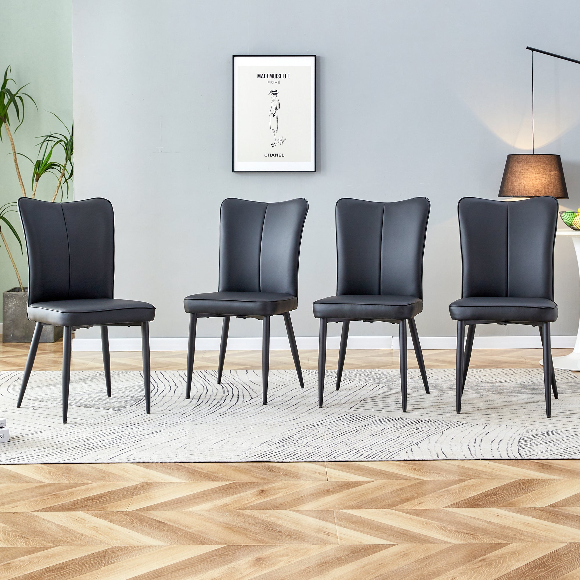 4 Pcs Faux Leather Upholstered Curved Back Dining Chairs with Metal Base- Black, Black