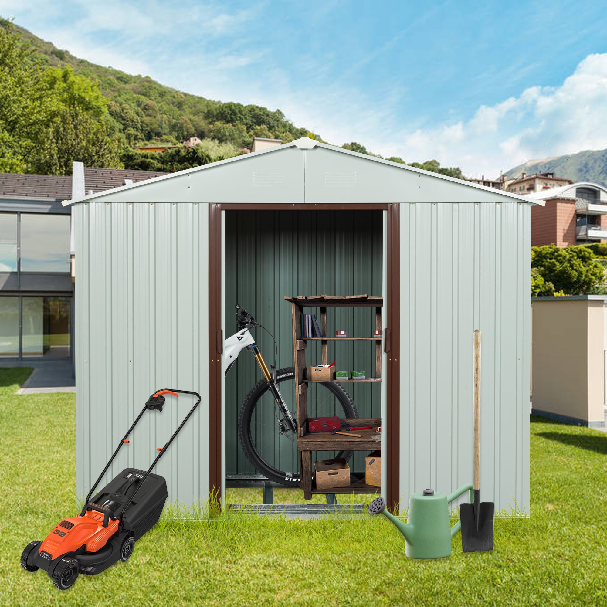 6ft x 5ft Outdoor Storage Shed with Metal Floor-to-Ceiling Lockable Sliding Door- White_1