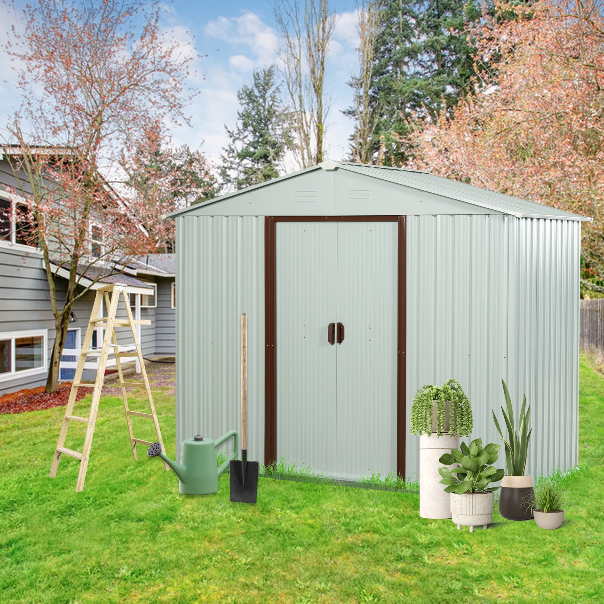 6ft x 5ft Outdoor Storage Shed with Metal Floor-to-Ceiling Lockable Sliding Door- White_0