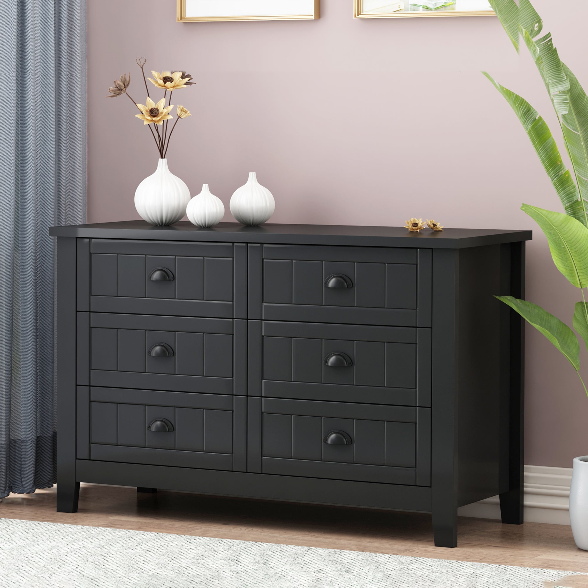 6 Drawers Wood Accent Stylish Dresser Chest and Storage Organizer- Black