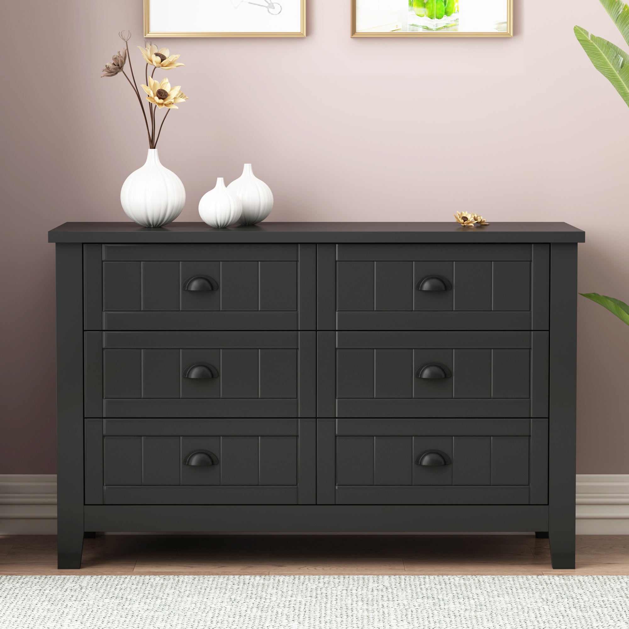 6 Drawers Wood Accent Stylish Dresser Chest and Storage Organizer- Black