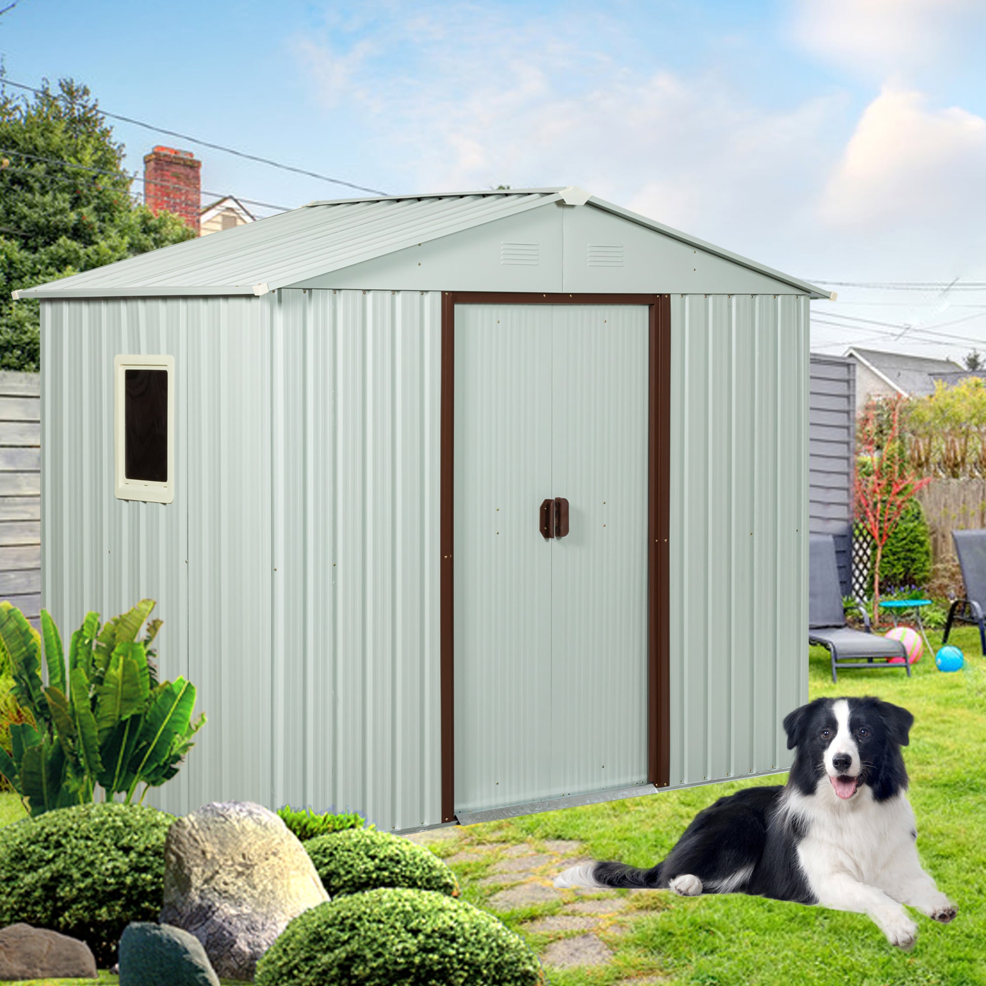 8ft x 4ft Outdoor Metal Storage Shed with Metal Floor Base and Window- White_1