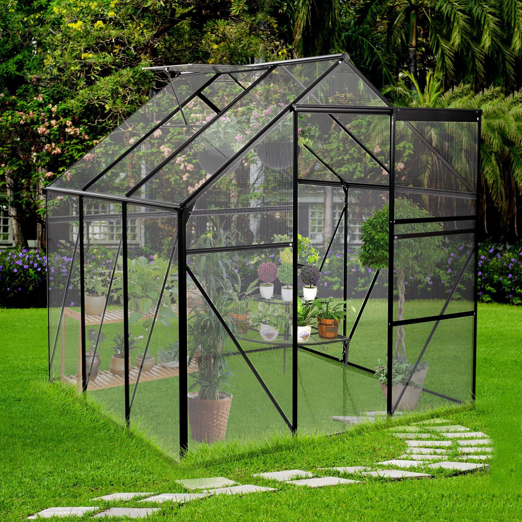 6X6FT Polycarbonate Walk-in Greenhouse Garden for Backyard Planting- Black