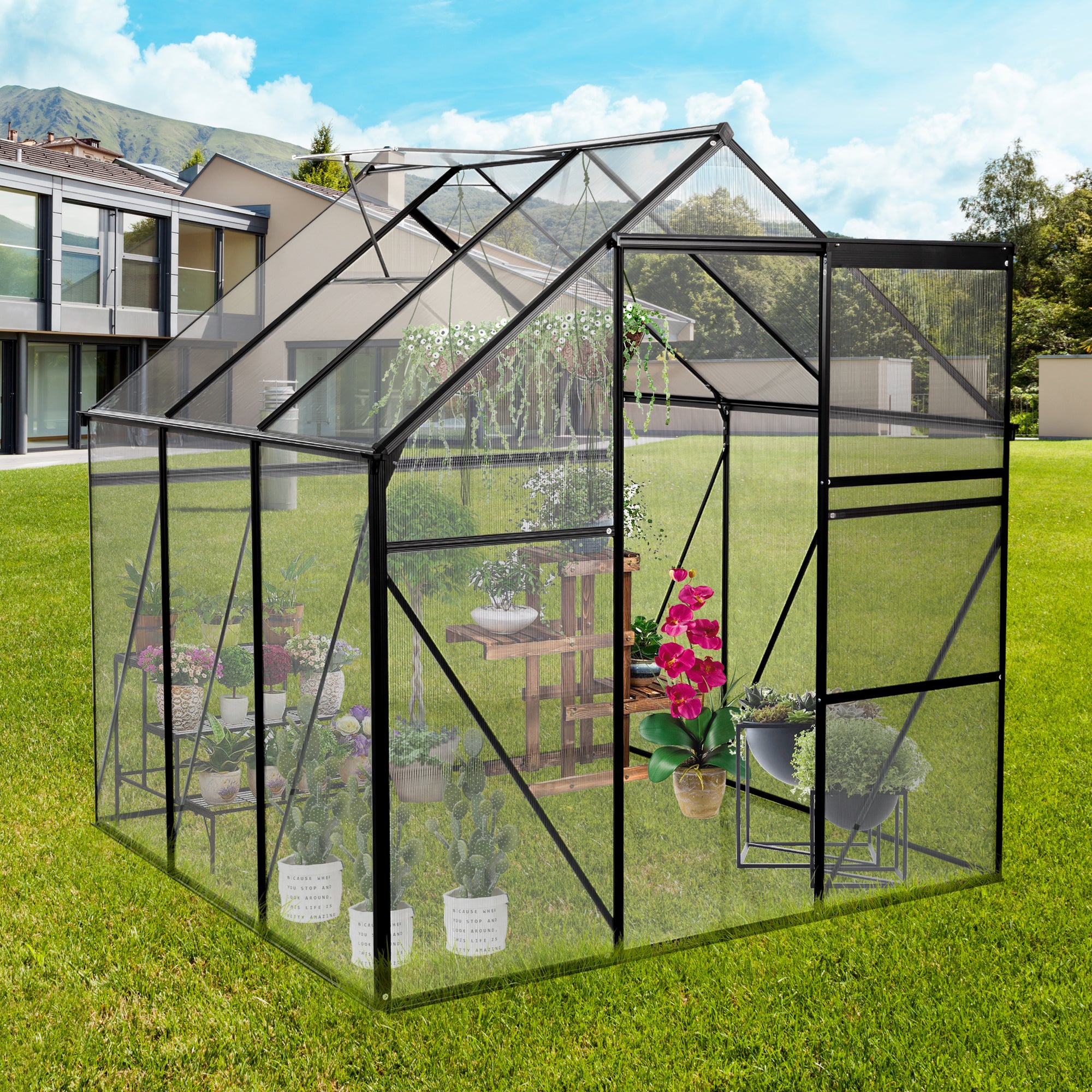 6X6FT Polycarbonate Walk-in Greenhouse Garden for Backyard Planting- Black