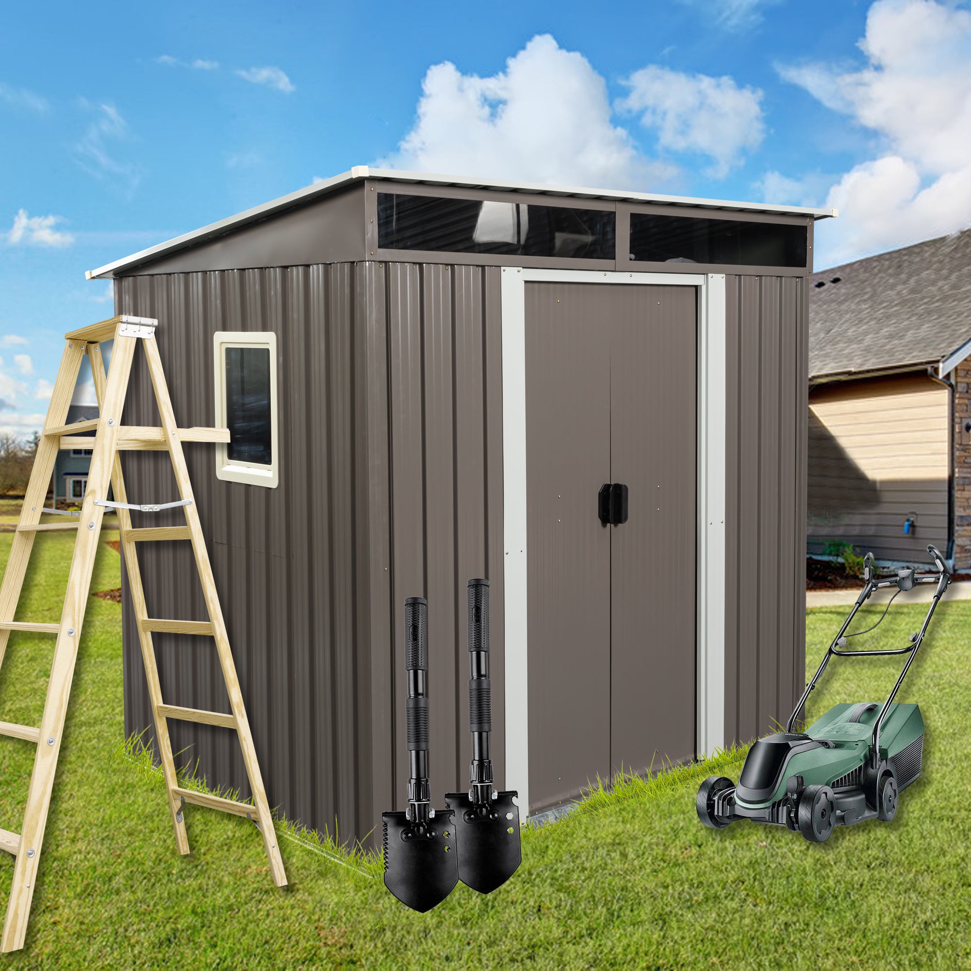 6ft x 5ft Outdoor Metal Storage Shed With Window and Transparent Plate- Gray