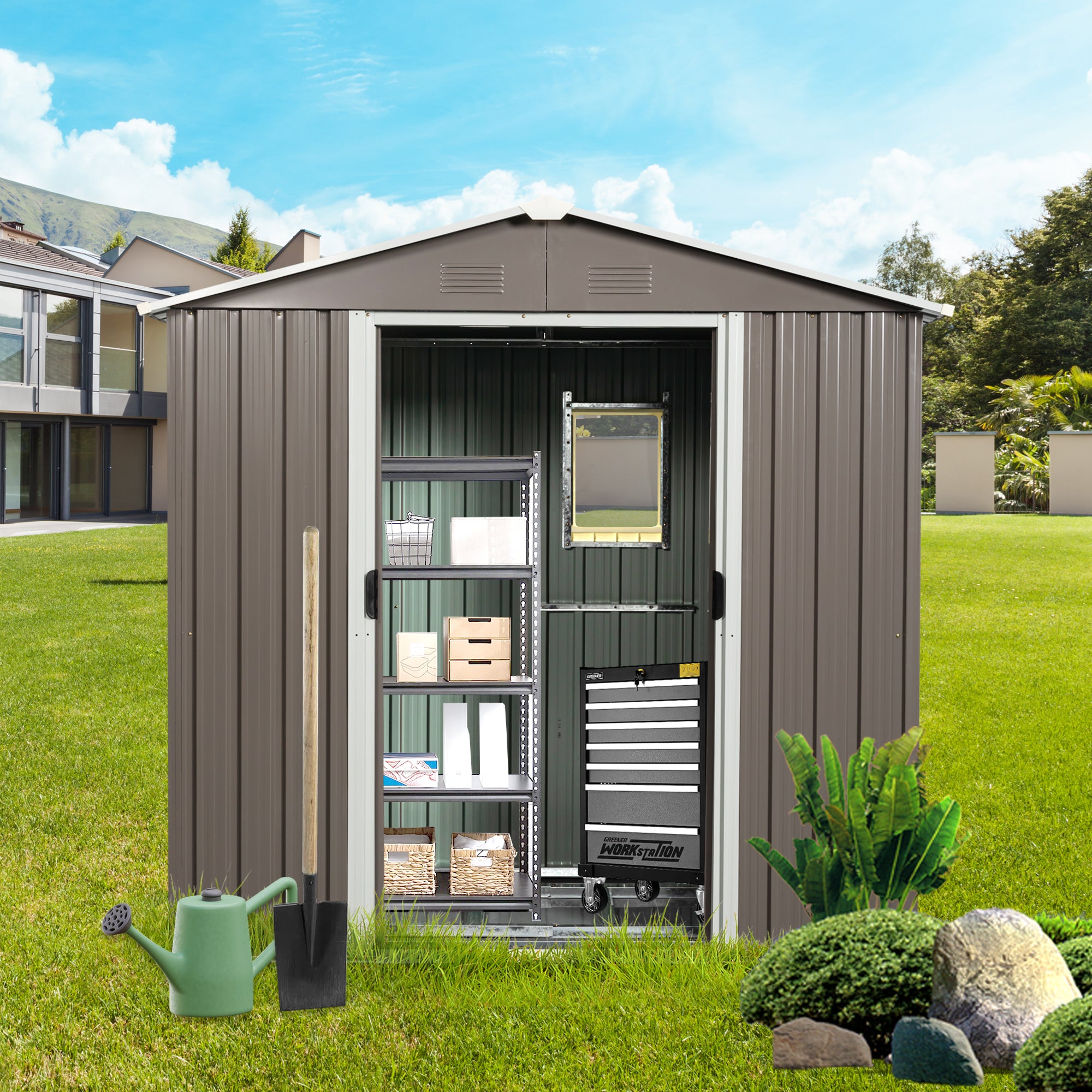 8ft x 4ft Outdoor Metal Storage Shed with Aluminum Frame and Window- Gray_1
