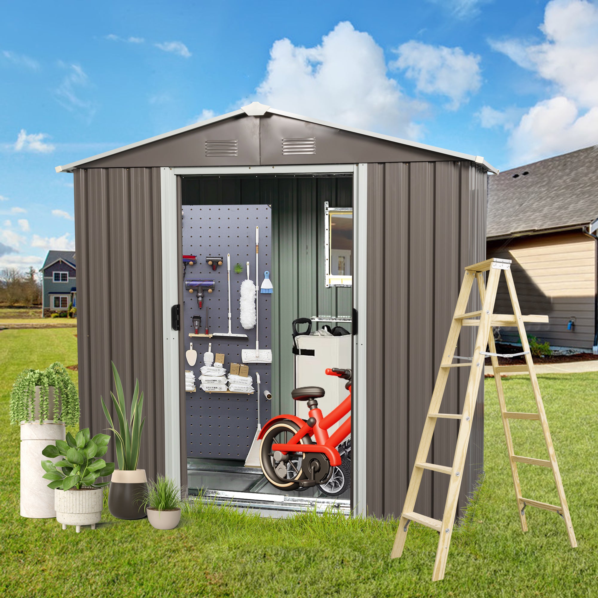 8ft x 4ft Outdoor Metal Storage Shed with Aluminum Frame and Window- Gray_0