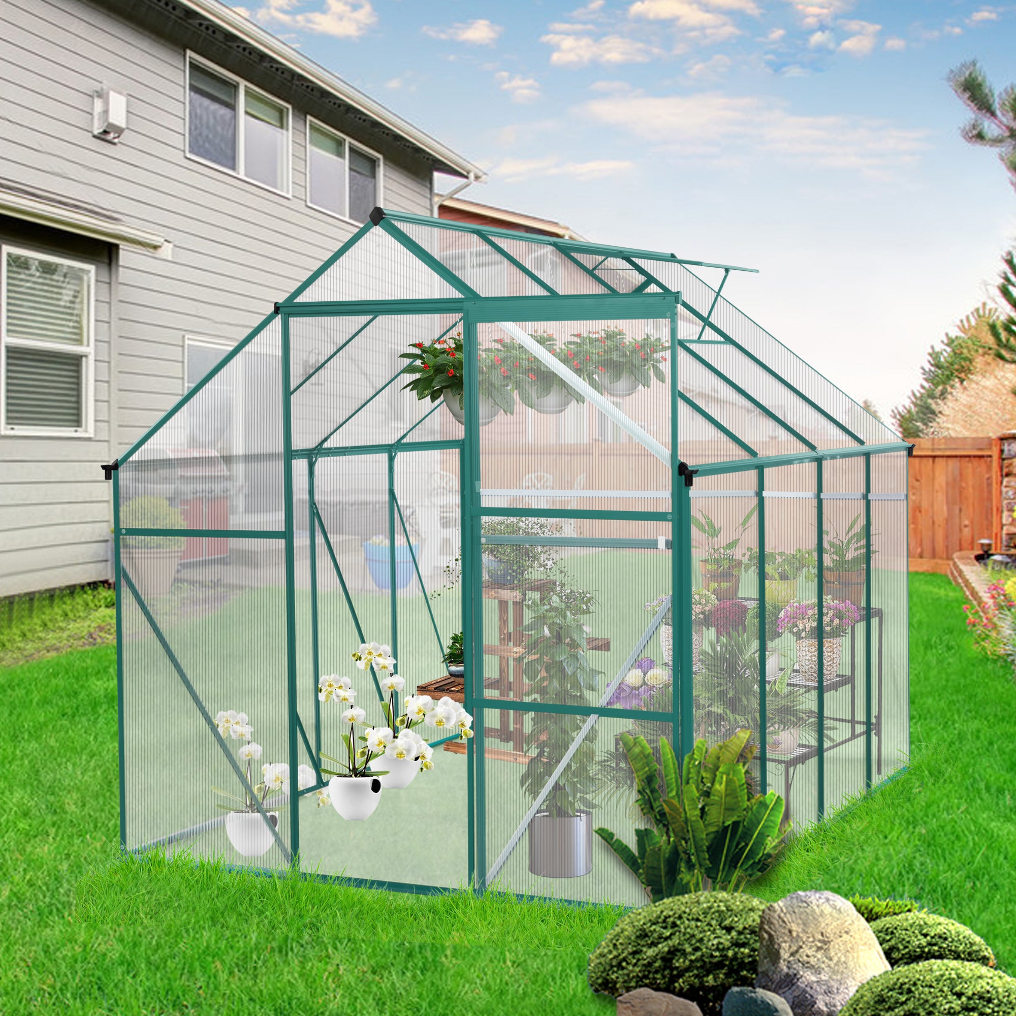 6 x 8 FT Polycarbonate Walk-in Greenhouse Garden for Backyard Planting- Green_0
