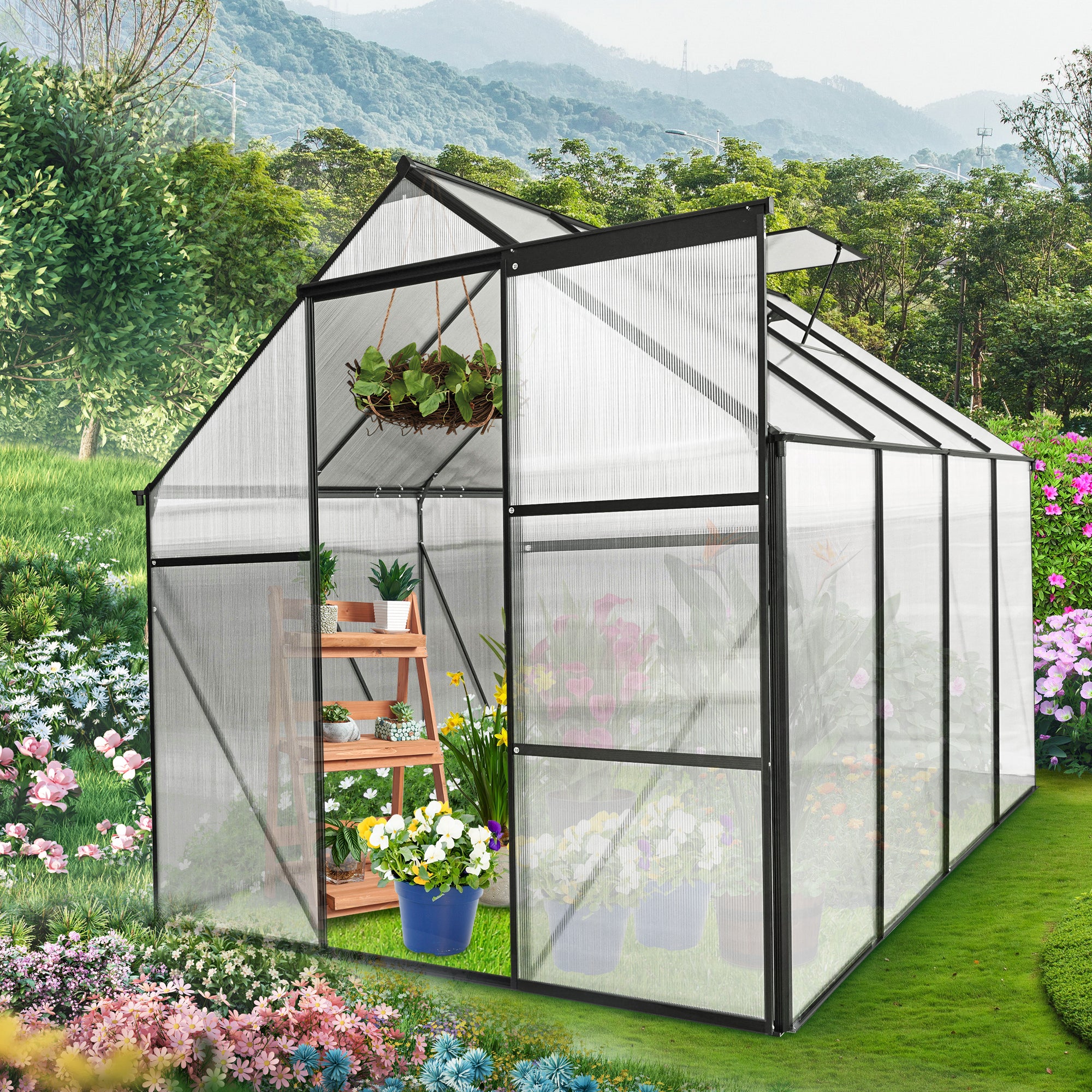 6x8 FT Polycarbonate Walk-in Greenhouse Garden for Backyard Planting- Green_0