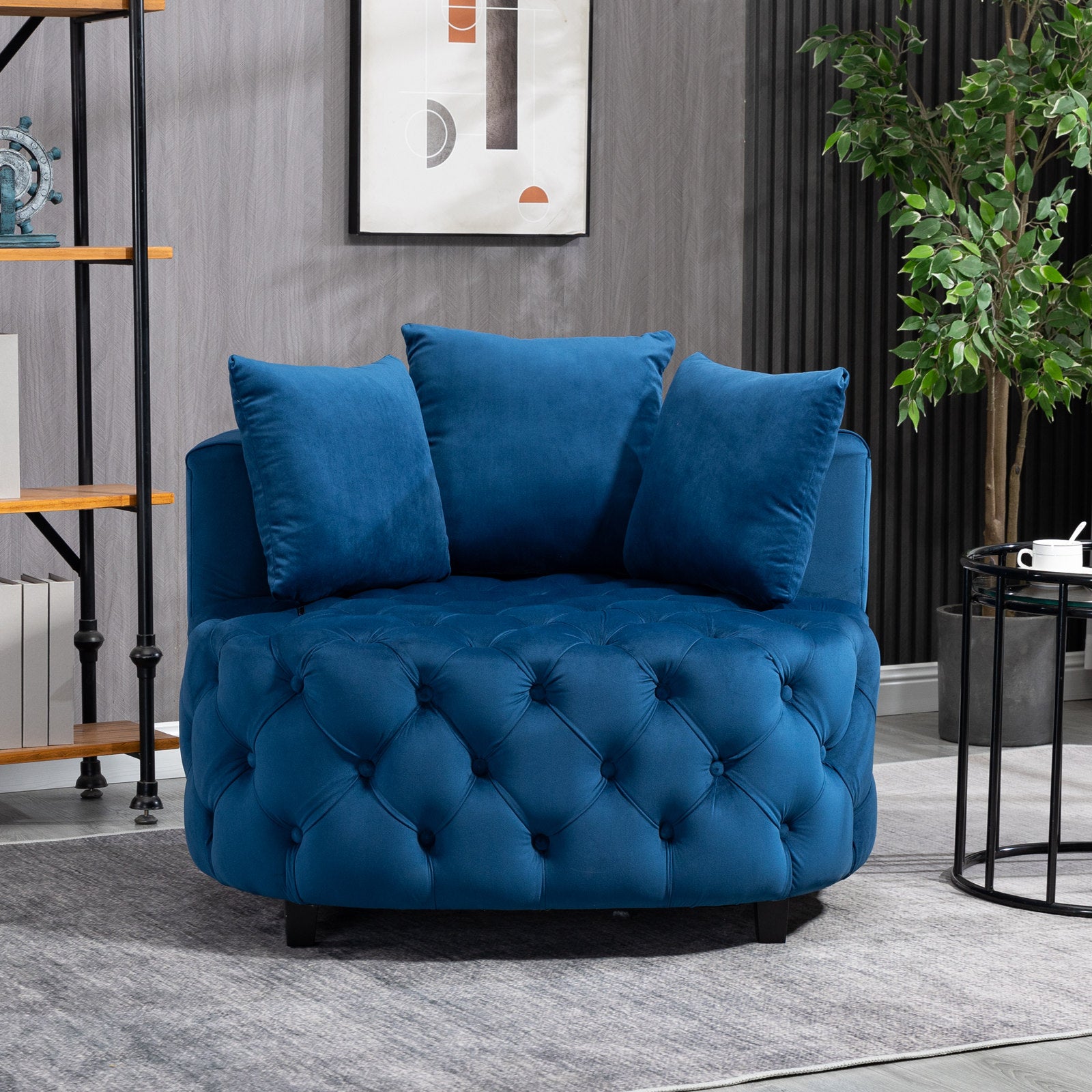 Tufted Upholstered Classical Living Room Barrel Accent Chair with Pillows- Blue