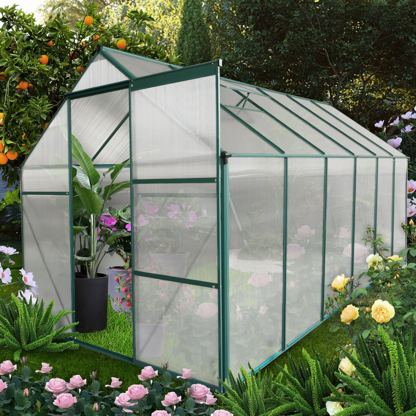 6x12 FT Walk-in Greenhouse Garden for Backyard Planting with Raised Roof- Green