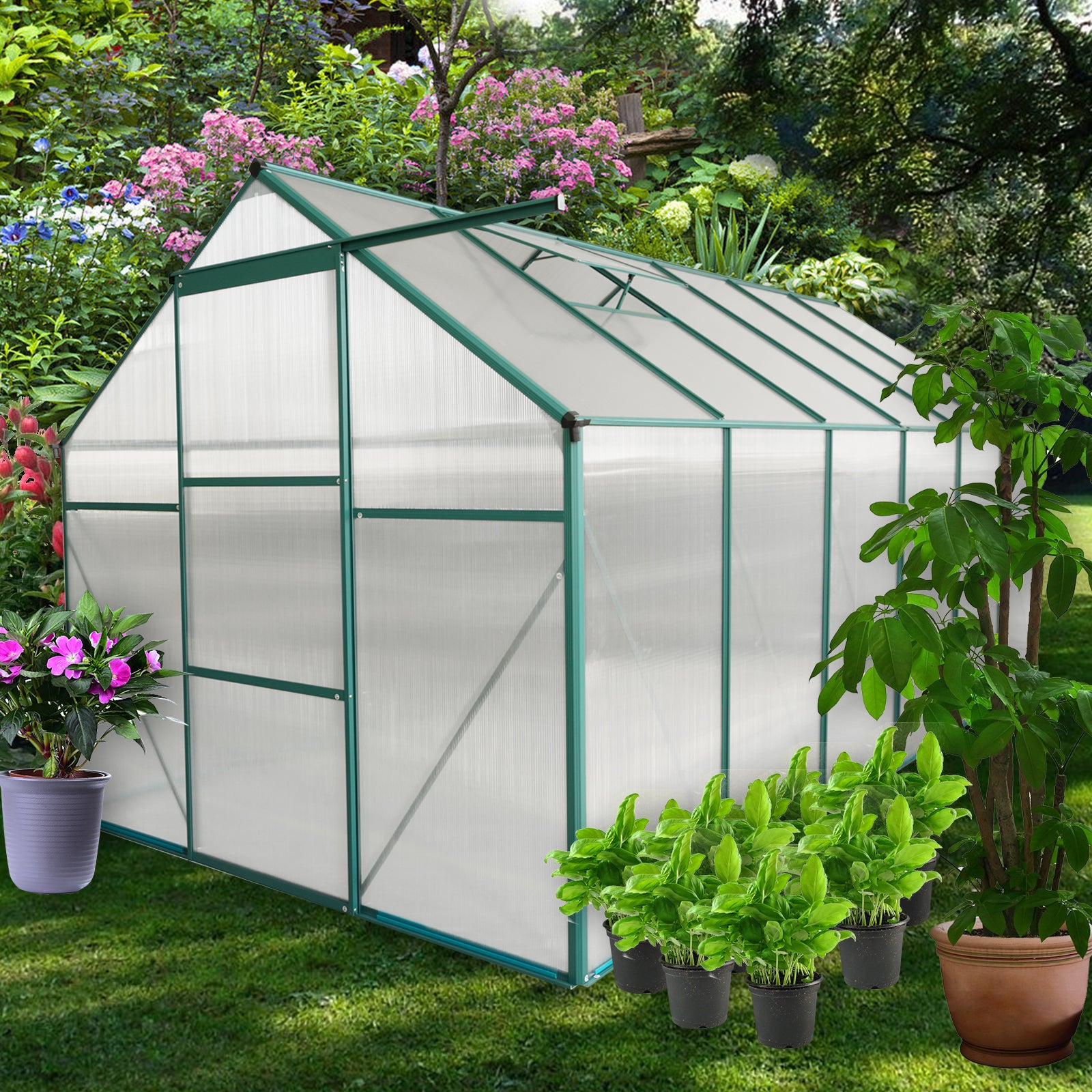 6x12 FT Walk-in Greenhouse Garden for Backyard Planting with Raised Roof- Green