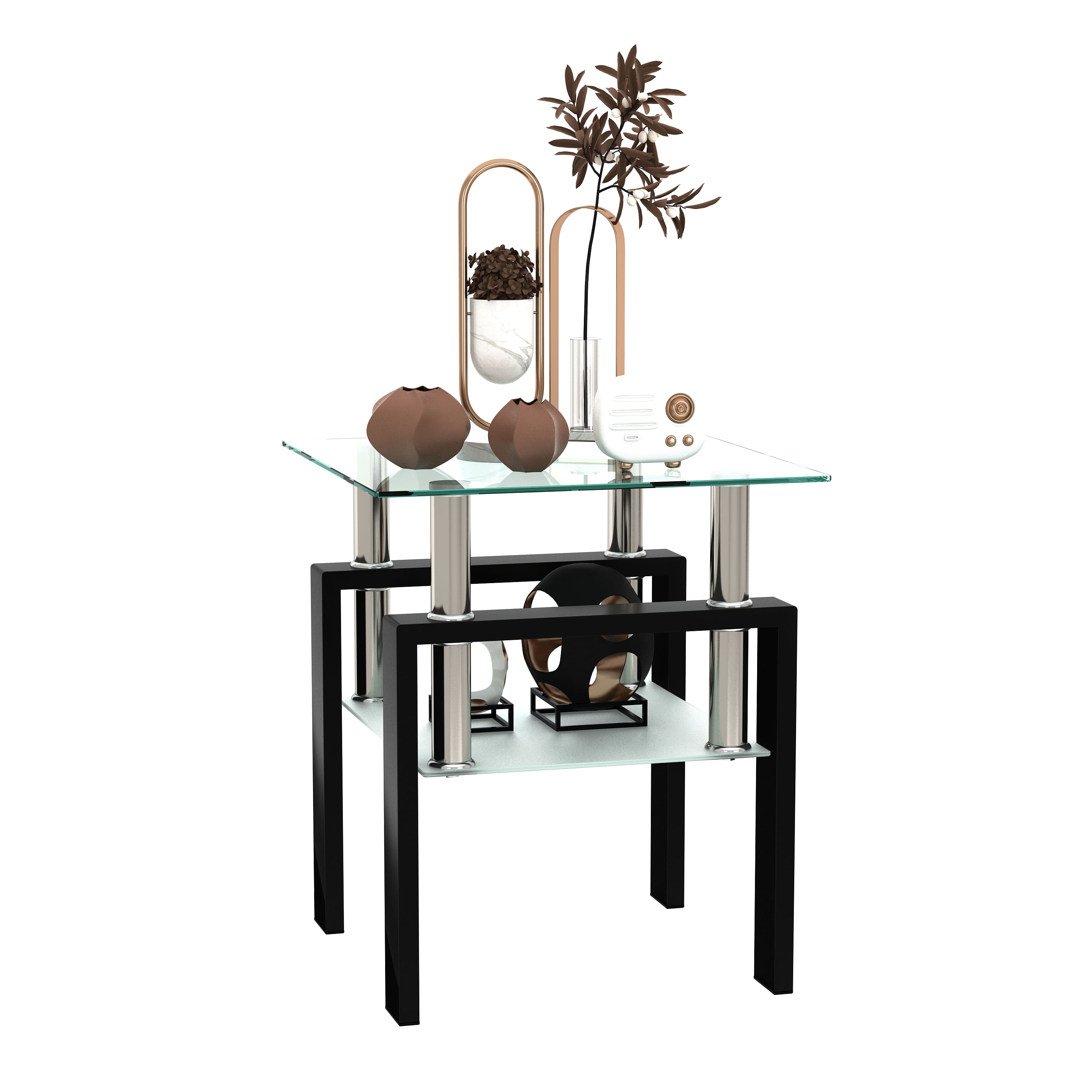 Tempered Glass Bedside Corner Coffee Table Contemporary End Table in Black