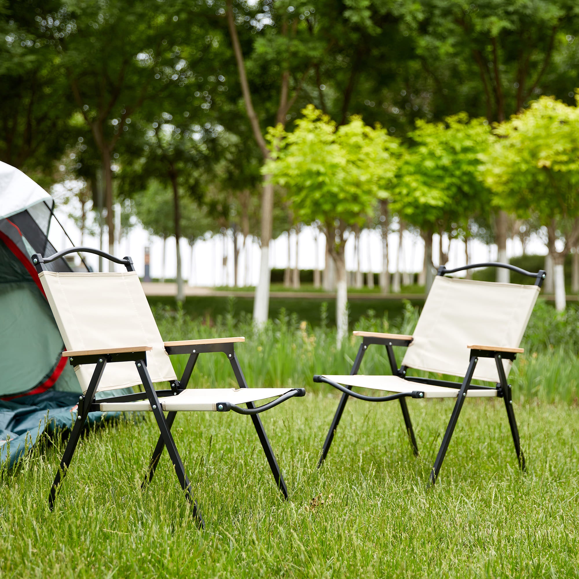 2 Pcs Foldable Oxford Cloth Outdoor Camping and Fishing Chair- Beige