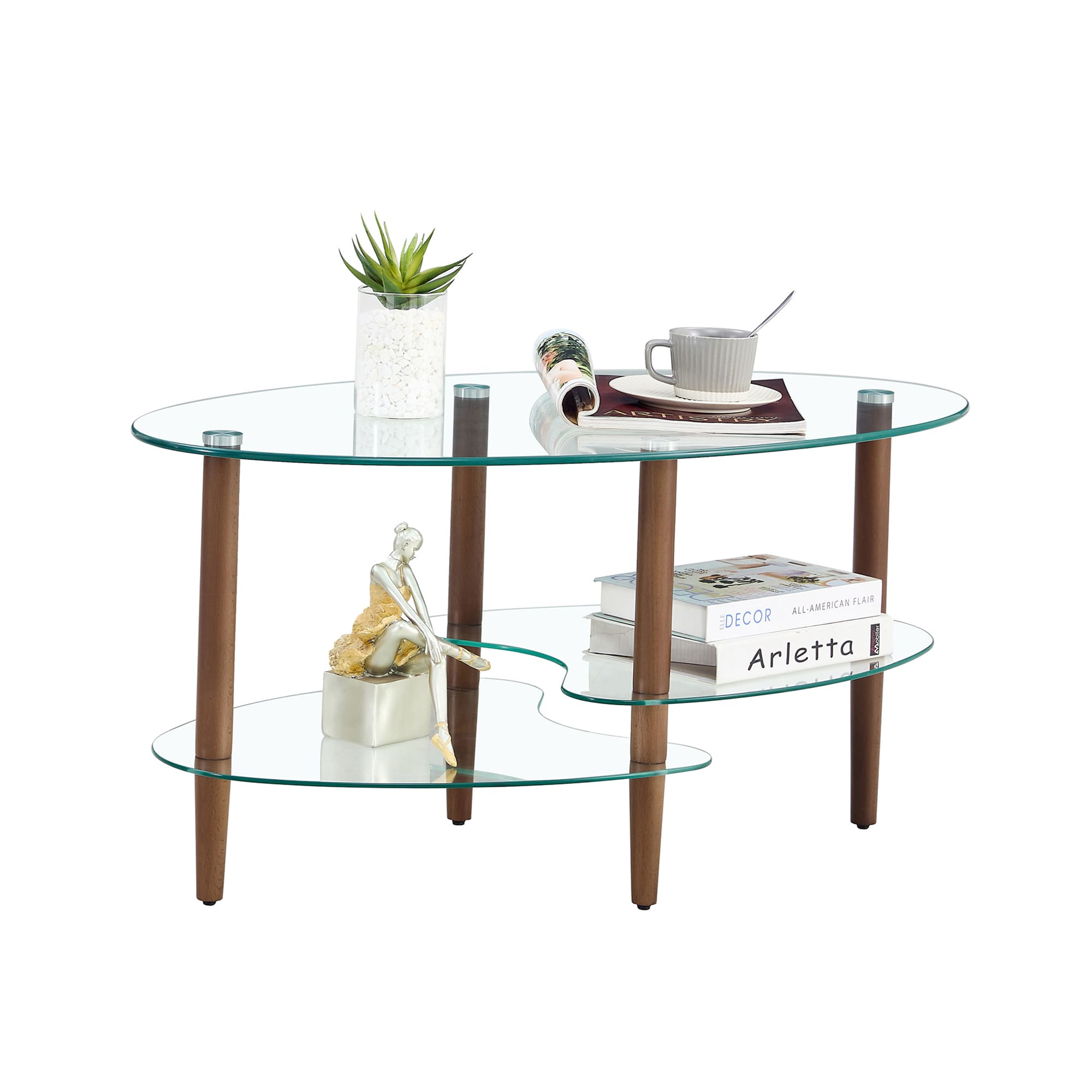 3 Layered Transparent Tempered Glass Oval Modern Coffee Table - Brown