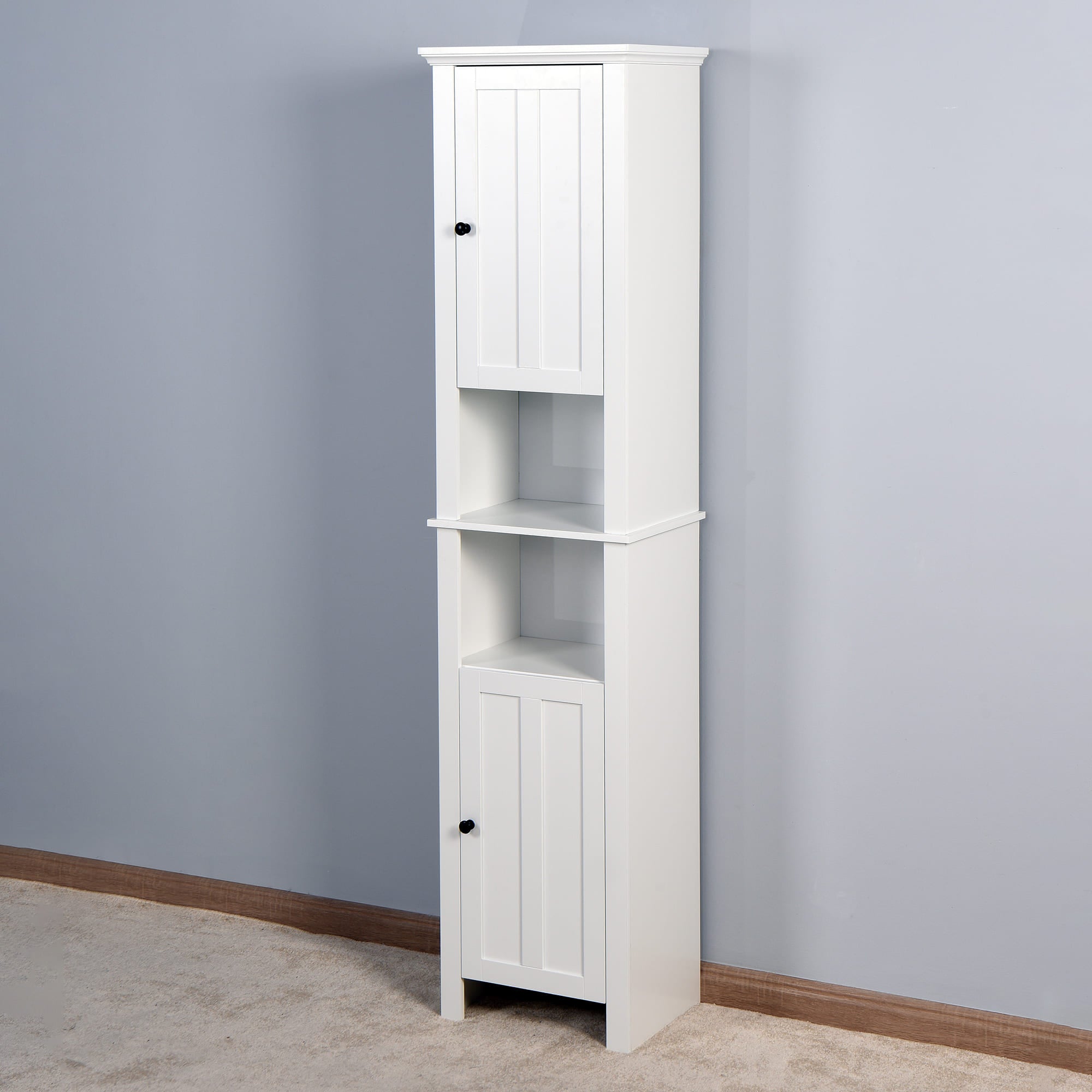 6 Shelves Slim Bathroom Floor Storage and Organizer with 2 Doors- White