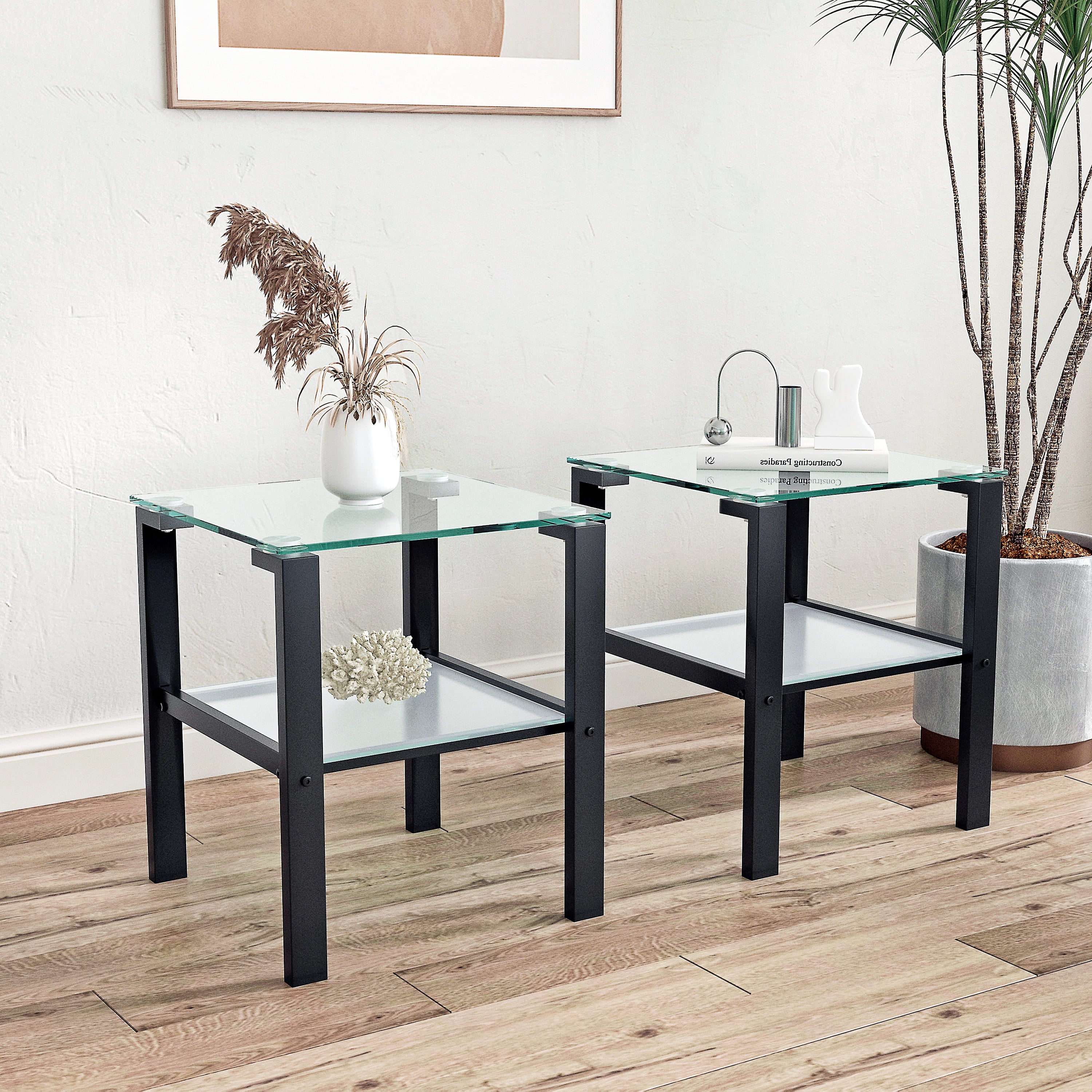 2pcs Two Layered Tempered Glass Small Bedroom Corner Home Tea Table- Transparent+Black
