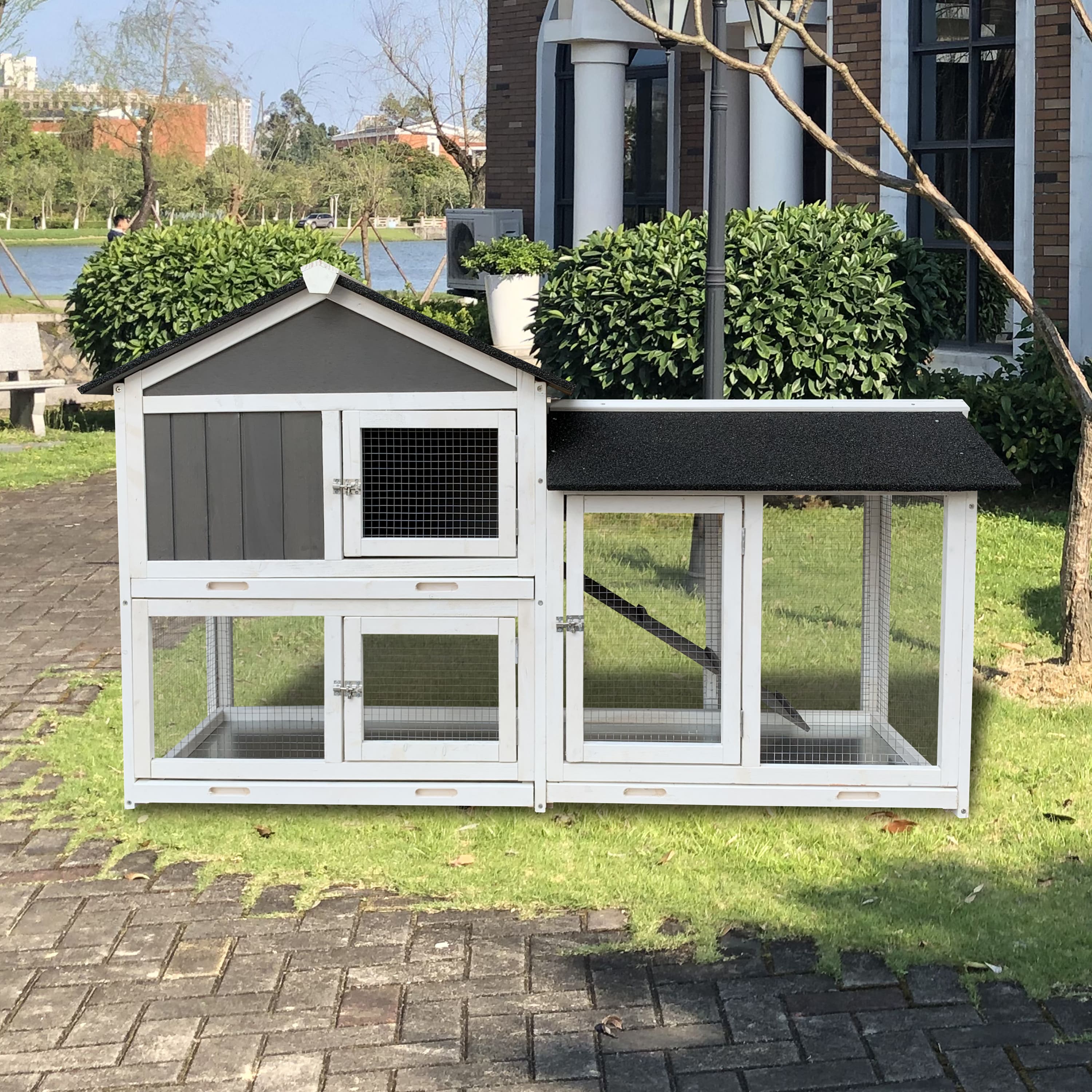 Wooden Outdoor Hutch with Running Cage and Removable Ramp Tray- Gray