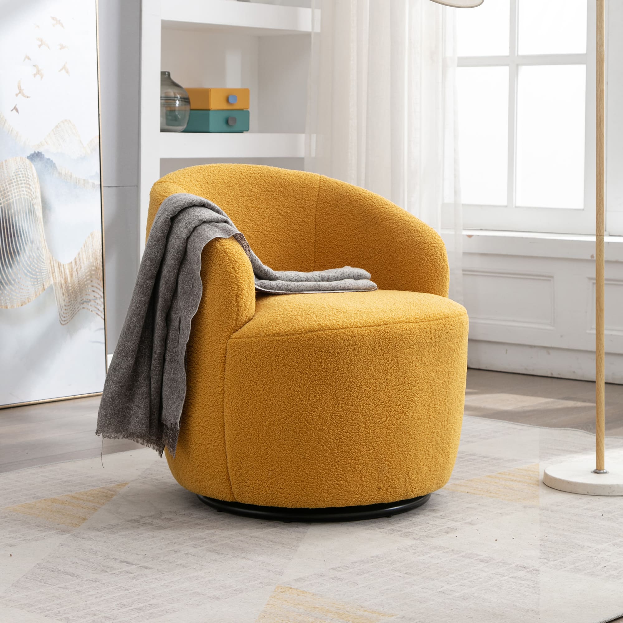 Teddy Fabric Swivel Accent Armchair Barrel Chair With Black Metal Ring- Yellow