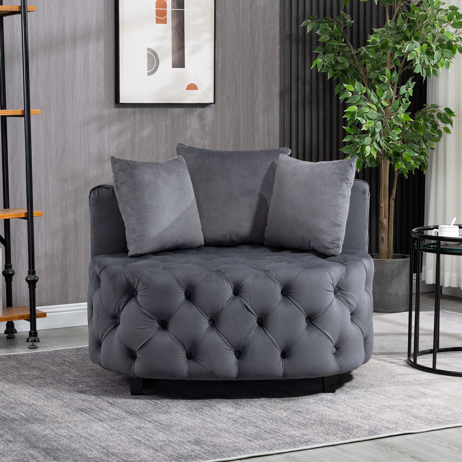 Tufted Upholstered Classical Living Room Barrel Accent Chair with Pillows- Grey