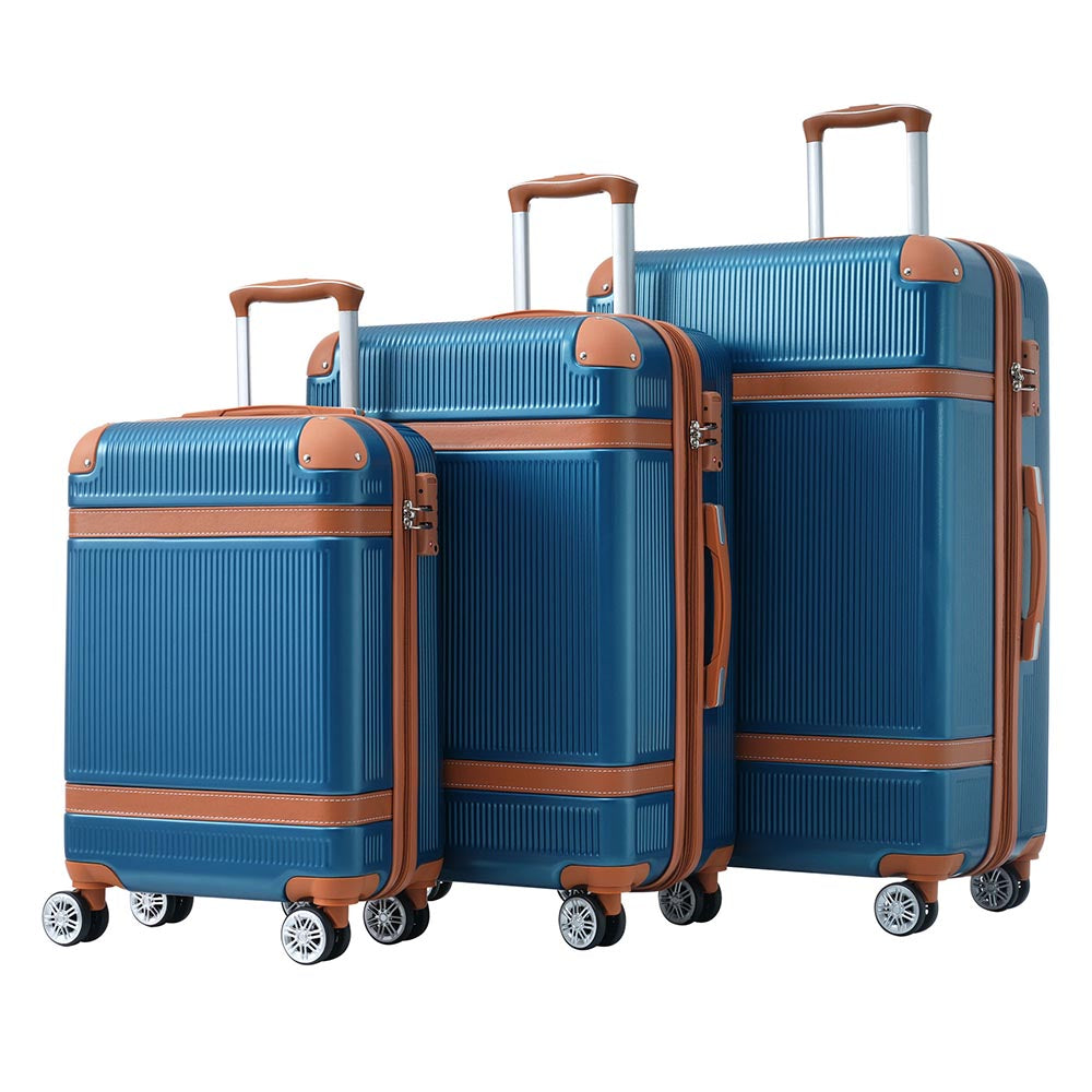 3 Piece Lightweight Hard-shell Luggage Sets double spinner 8 wheels Suitcase with TSA Lock - Blue