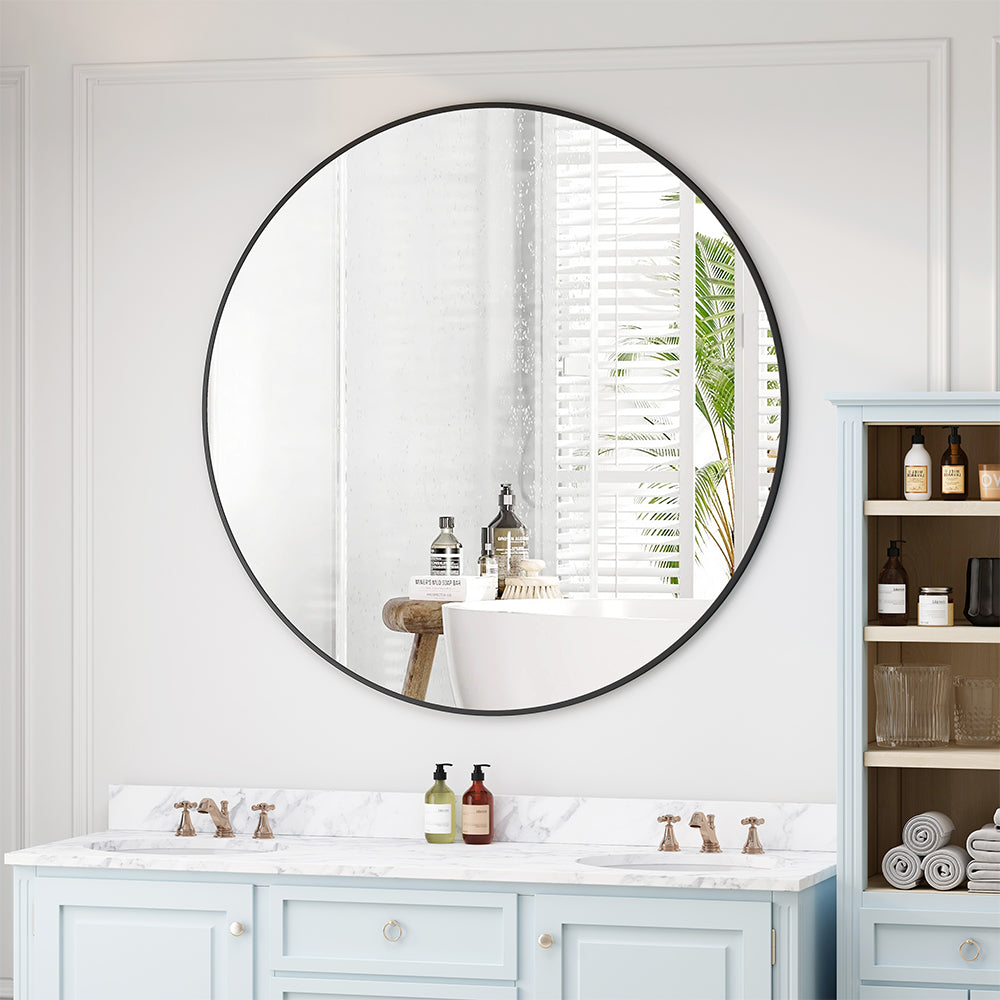42-Inch Circular Metal Framed Wall Mirror - Black