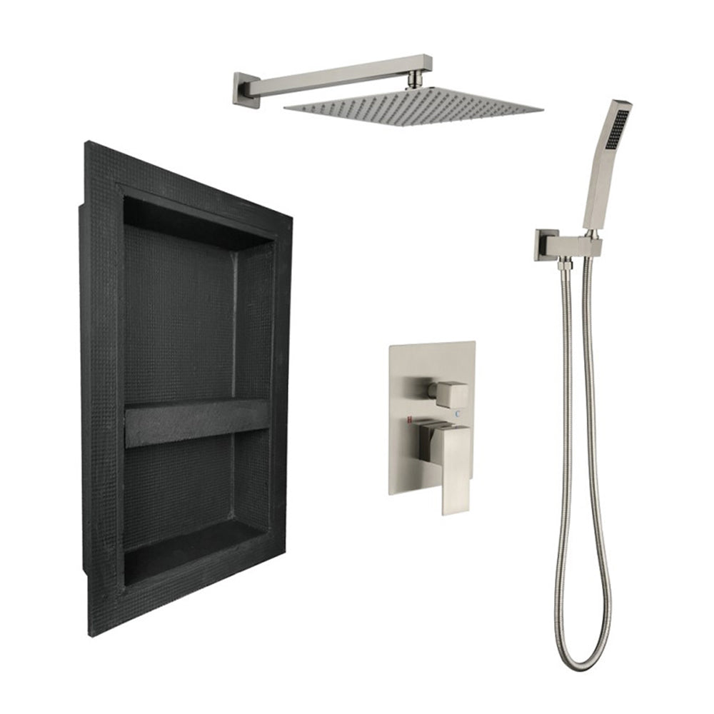 Shower System with Head Hand Shower Hose Valve Trim Lever Handles and Niche - Brushed Nickel