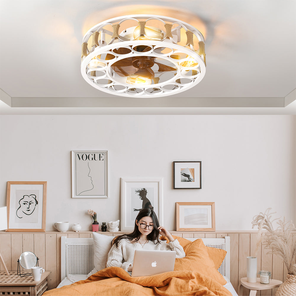 Modern White Caged Ceiling Fan with LED Lights